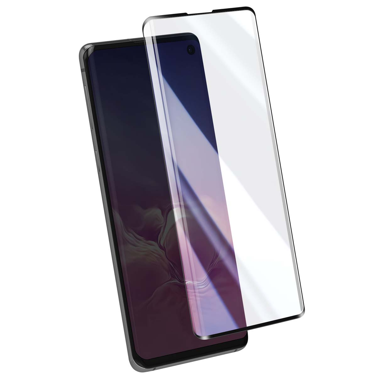 Uno smartphone con protezione schermo. Il telefono è nero con una protezione in vetro. Sfondo bianco.