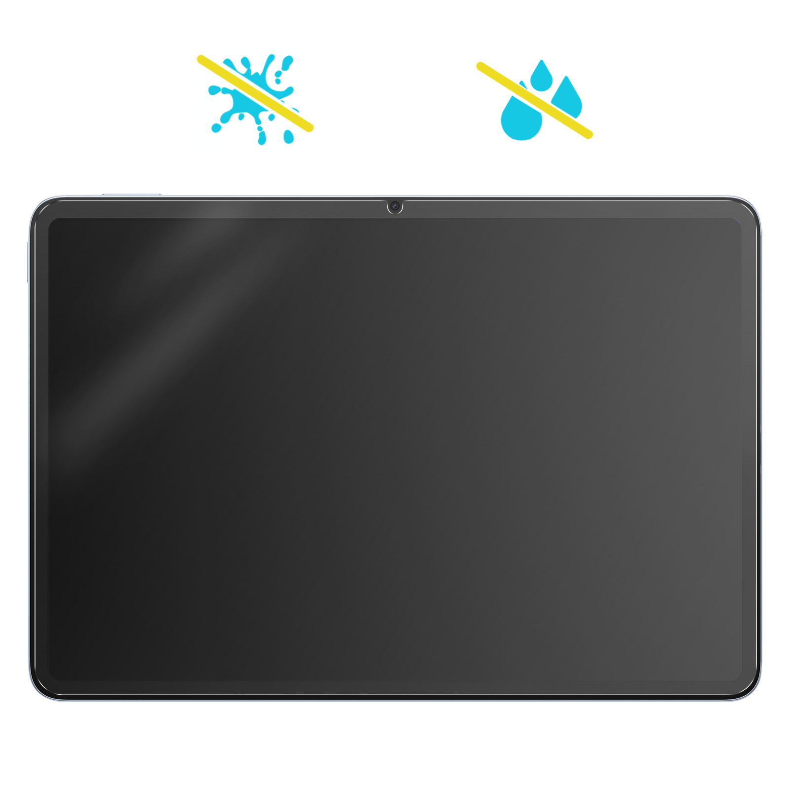 Tablet con schermo nero, simboli che indicano nessun danno da acqua e nessuno spruzzo. Sfondo bianco.