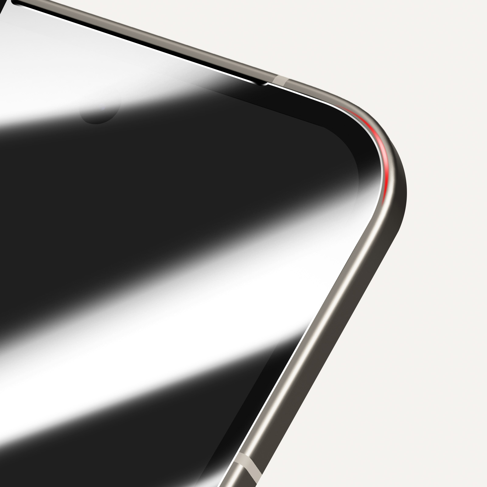 Primo piano di uno schermo del telefono. Schermo nero riflettente con cornice argentata. Accento rosso sul bordo, su sfondo chiaro.