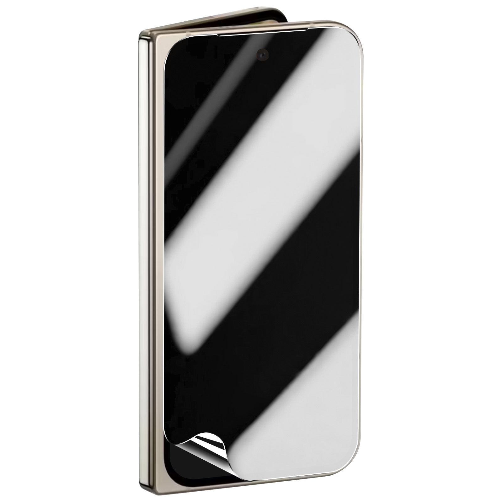 Uno smartphone con una protezione schermo parzialmente staccata. Lo schermo è bianco e nero, riflettendo la luce. Il telefono è argento e bianco.