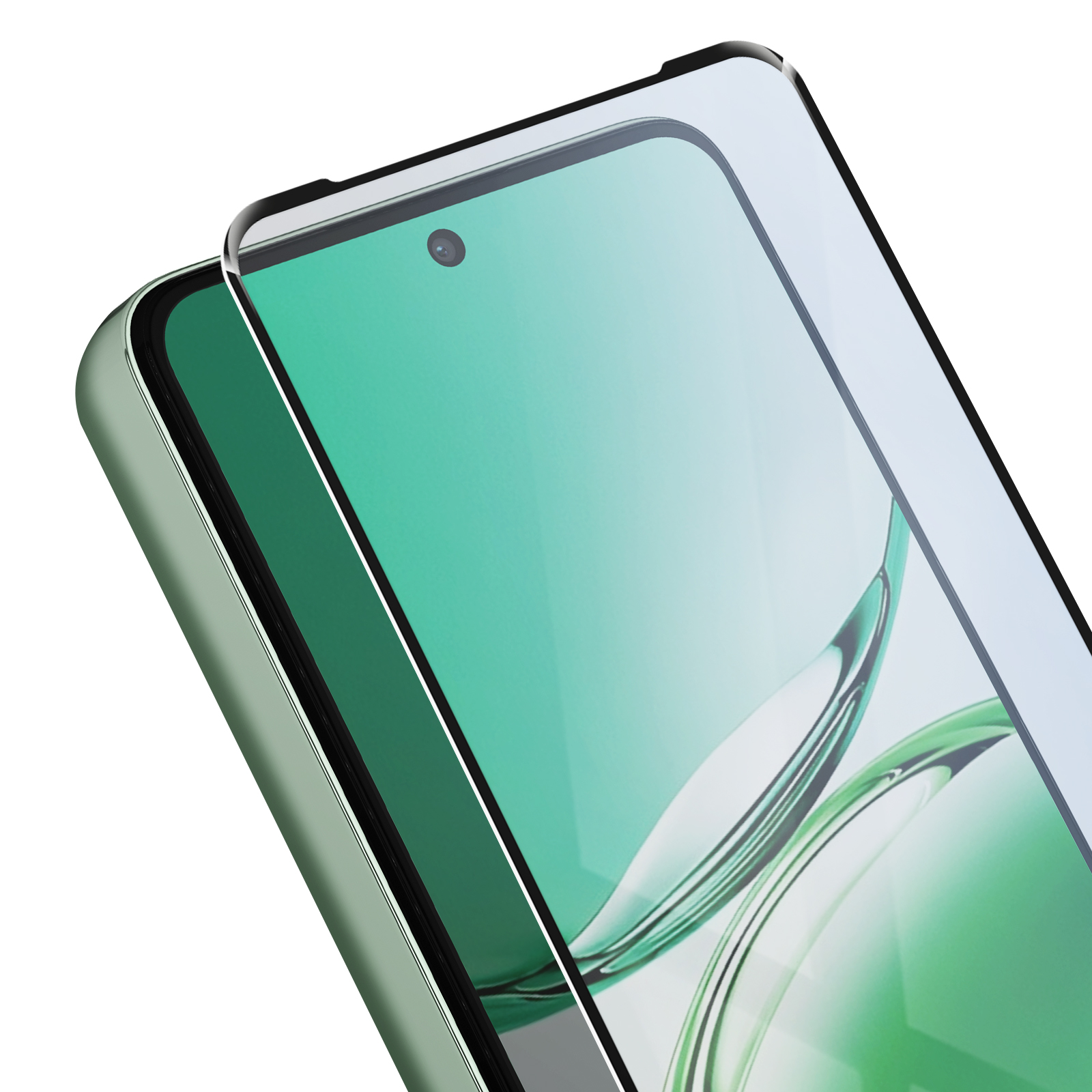 Primo piano di uno smartphone con custodia verde e protezione schermo. Lo schermo mostra motivi verdi e bianchi.