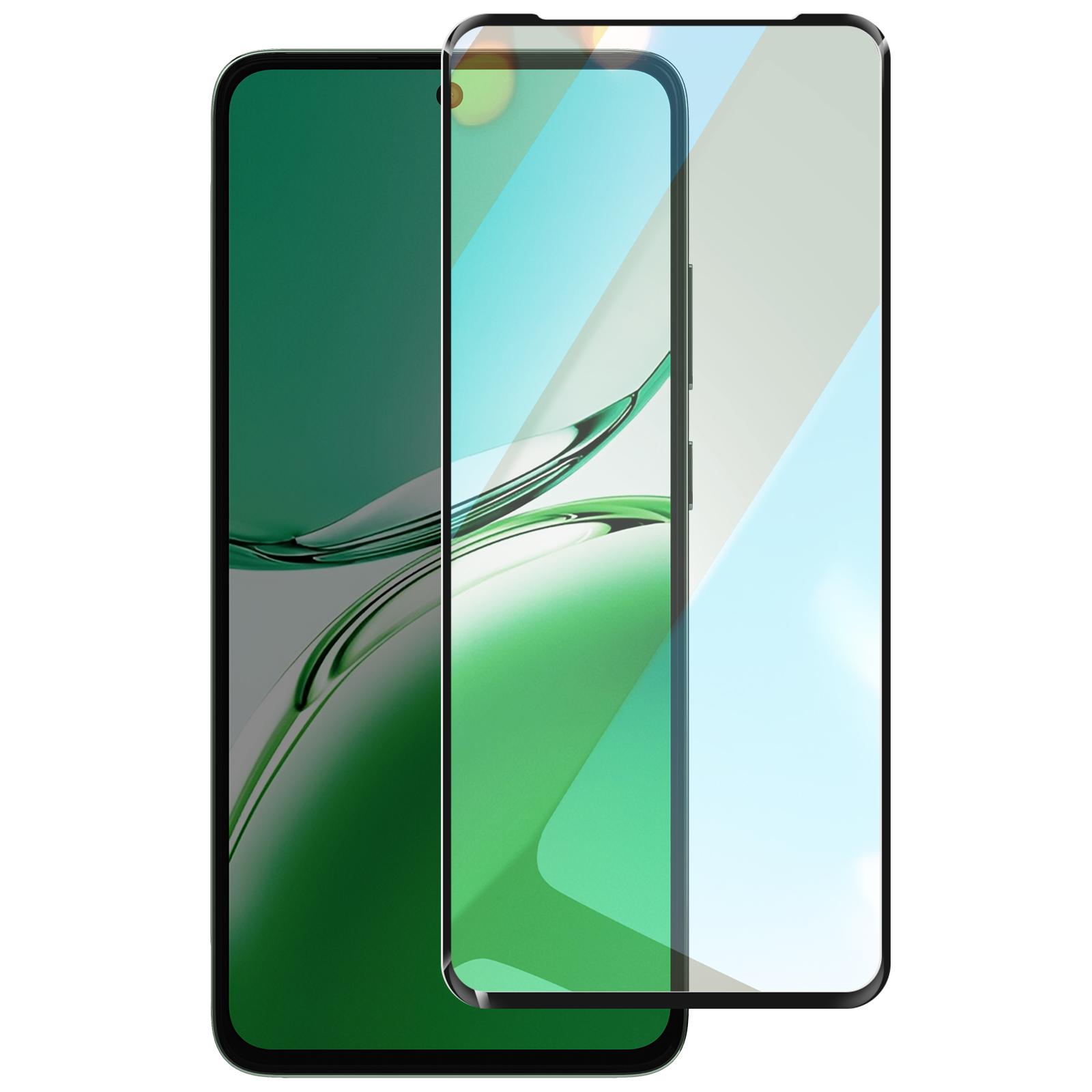Due smartphone, uno con schermo verde e l'altro con protezione schermo blu. Entrambi hanno bordi neri e sono su sfondo bianco.