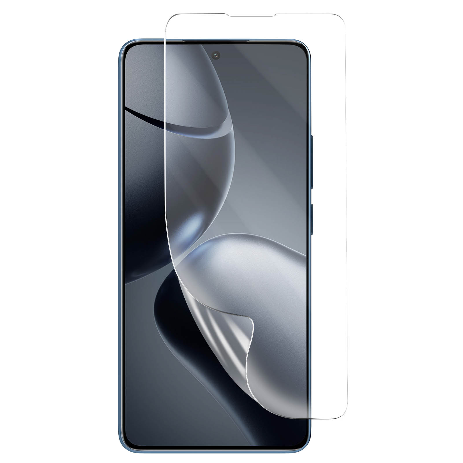 Uno smartphone con una protezione per lo schermo applicata. Il telefono è blu. La protezione è trasparente.