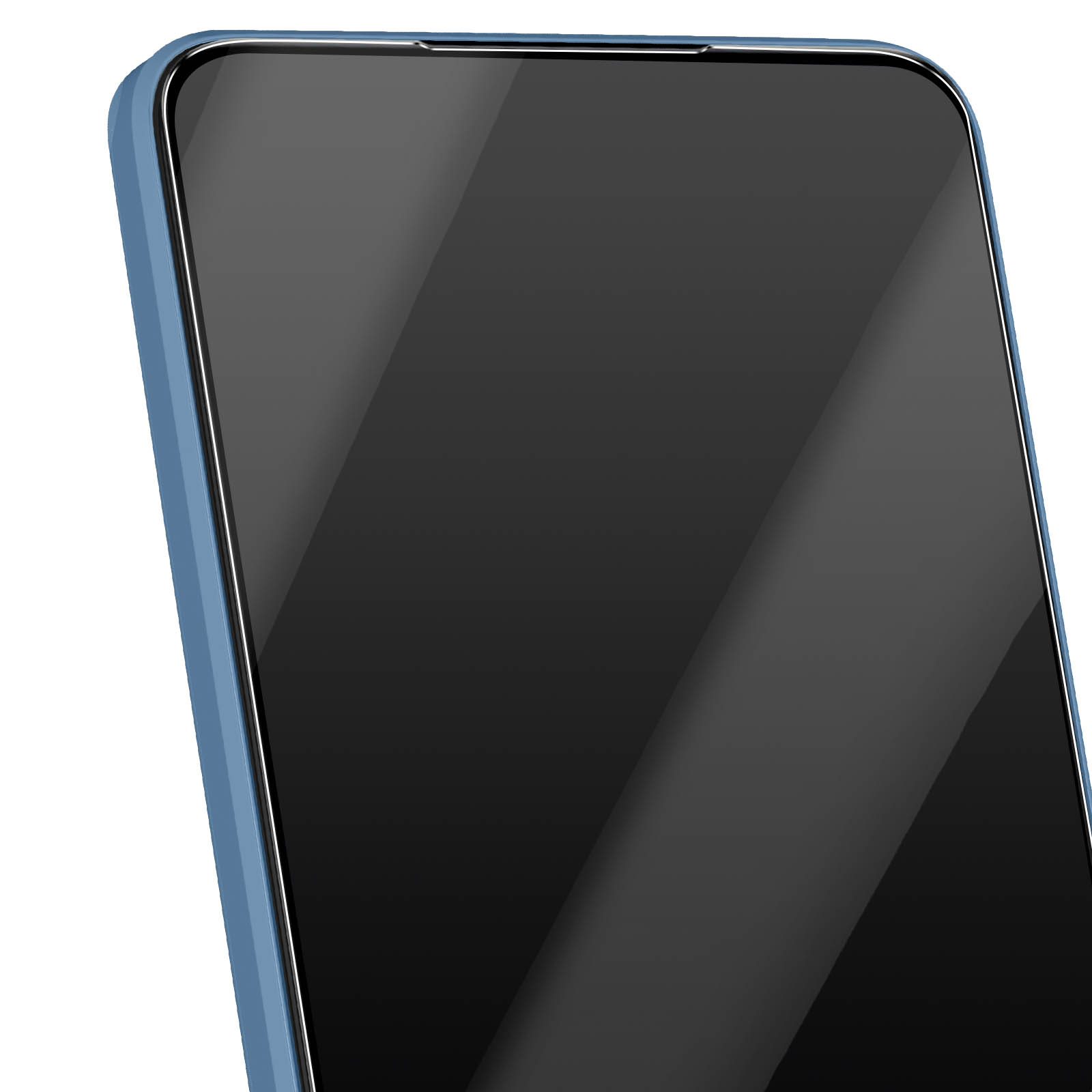 Primo piano di uno smartphone con cornice blu e schermo nero, che riflette la luce. Lo schermo domina l'immagine.