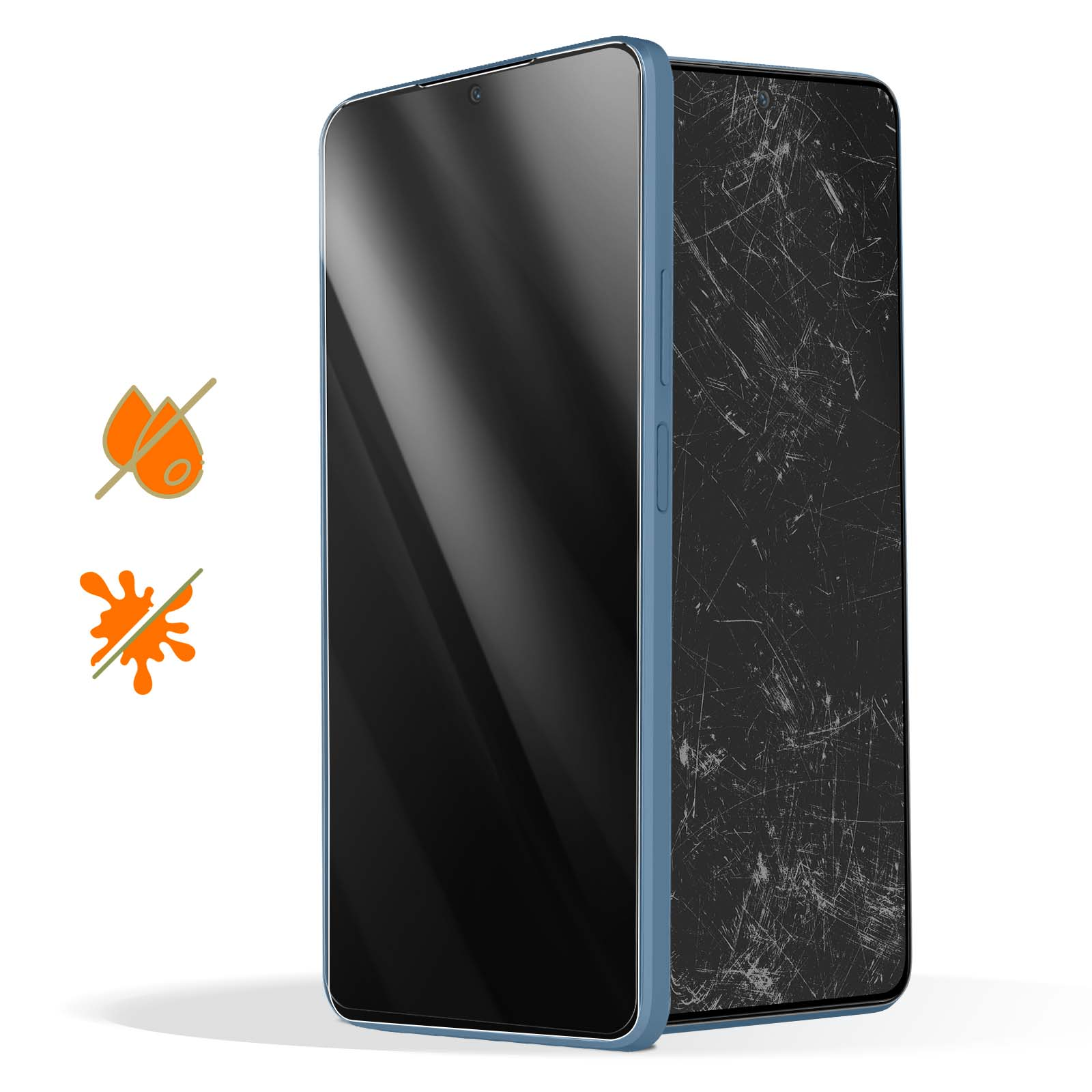 Due smartphone affiancati, uno con schermo rotto, l'altro con schermo lucido. Icone impermeabile e resistente agli schizzi a sinistra.