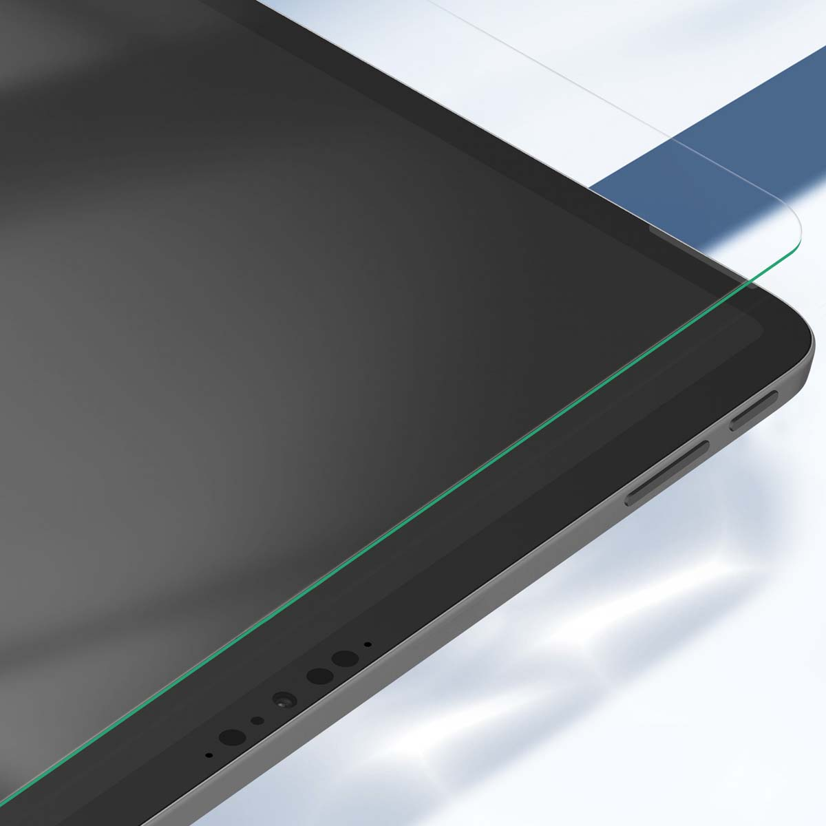 Primo piano di un tablet con una protezione per lo schermo. Il tablet è grigio scuro, con una protezione per lo schermo verde. Lo sfondo è bianco.