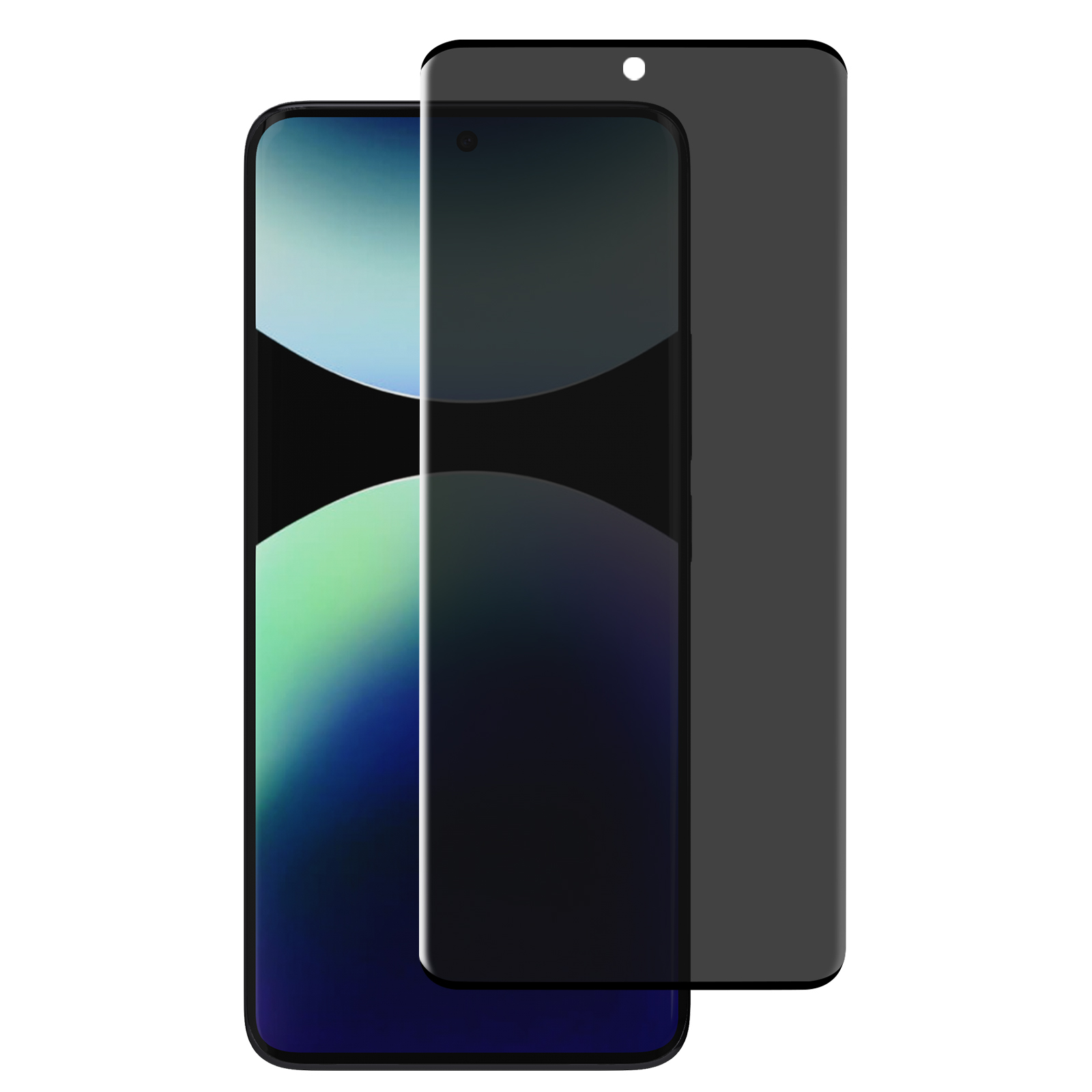 Due smartphone con protezione schermo. Gli schermi mostrano gradienti blu e verdi. La protezione è grigio scuro.