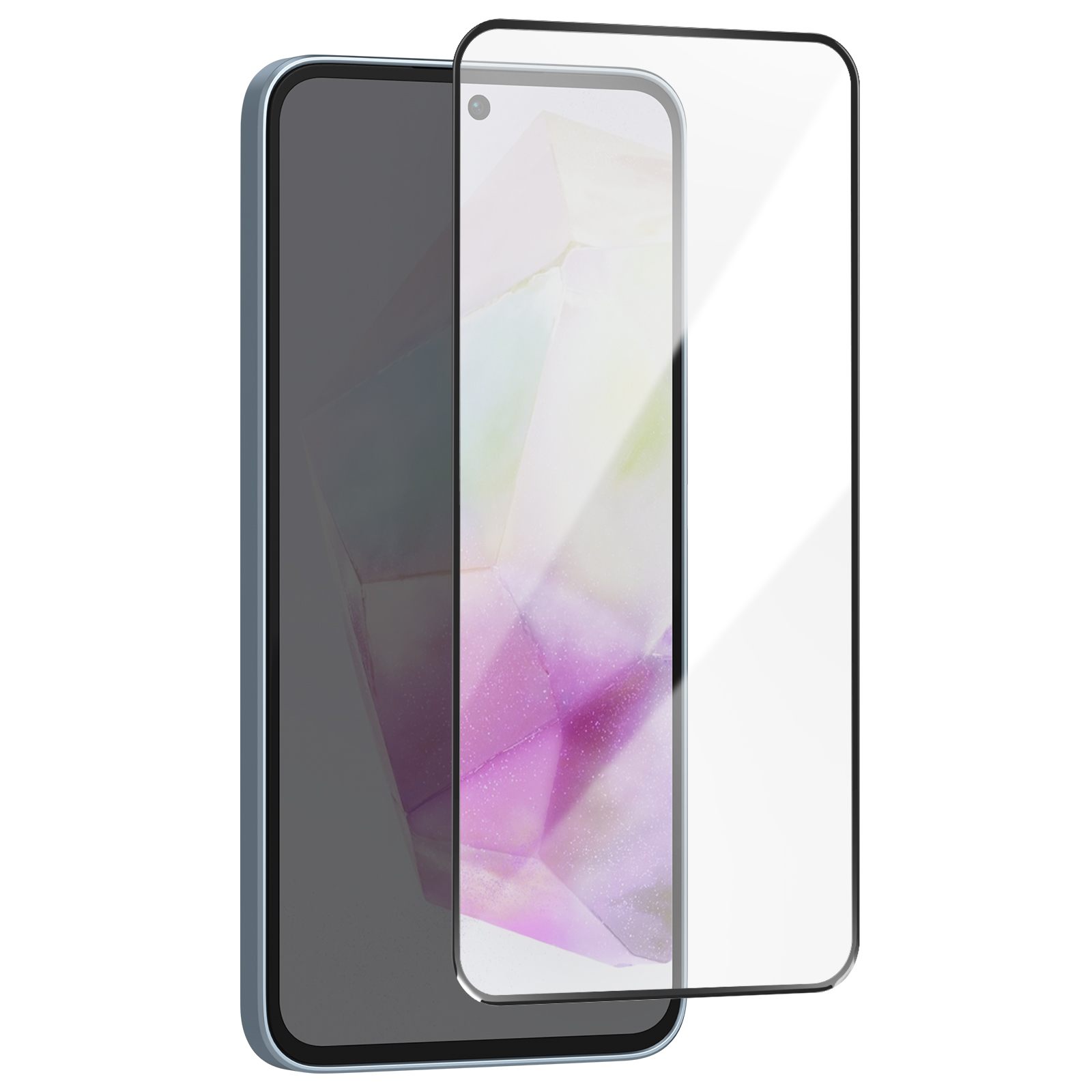 Uno smartphone con una protezione per lo schermo applicata. Il telefono è azzurro. Lo schermo ha una tinta scura.