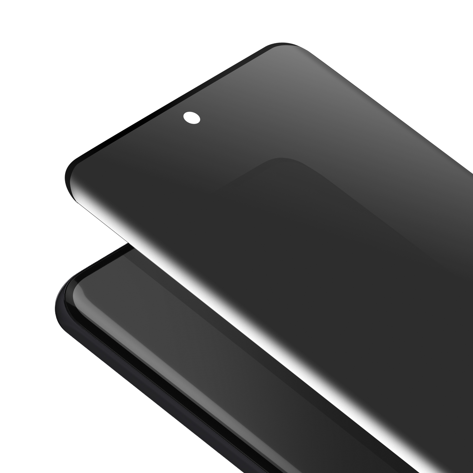 Due schermi di smartphone grigio scuro, uno leggermente sopra l'altro, con un punto bianco su quello superiore, su sfondo bianco.