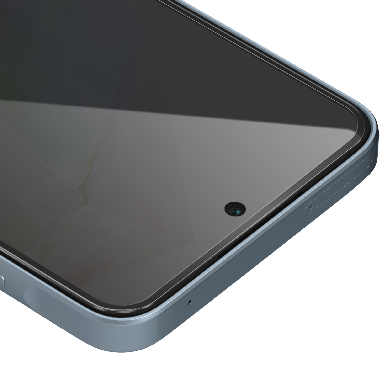 Primo piano di uno smartphone con schermo, fotocamera frontale e cornice grigio-blu. Lo schermo è scuro.