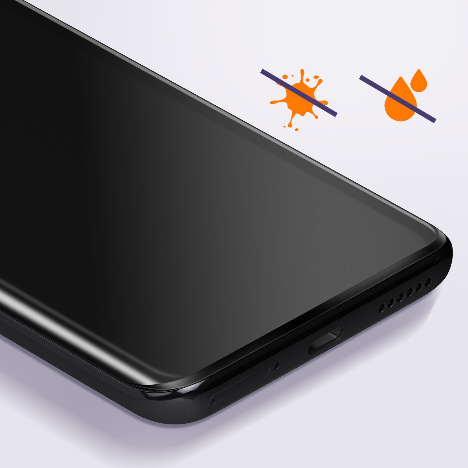 Uno schermo nero del telefono con icone che indicano assenza di macchie o danni da acqua, su sfondo bianco.
