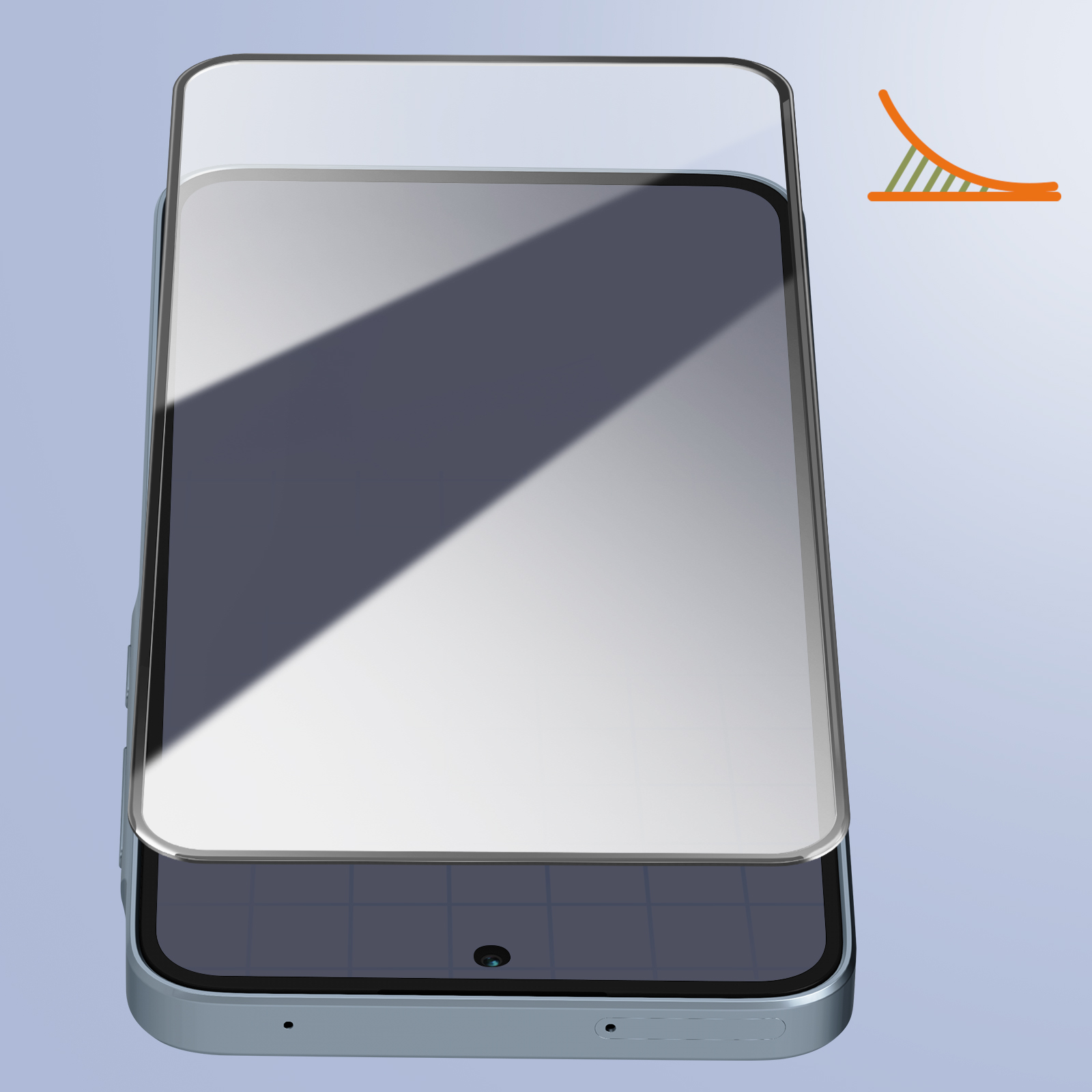 Uno smartphone con una protezione per lo schermo. Un'ombra è proiettata sullo schermo. Un grafico arancione e verde si trova nell'angolo in alto a destra.