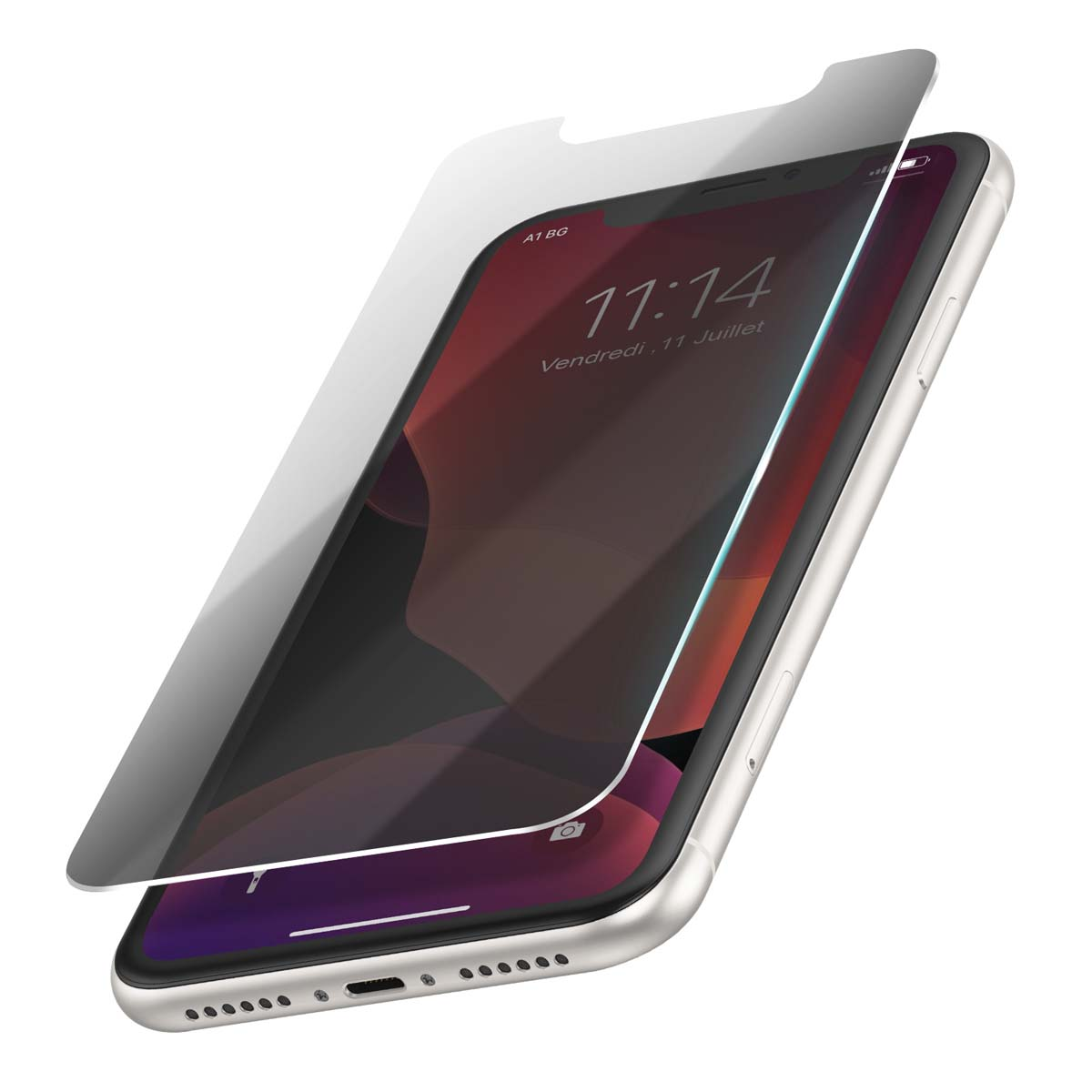 iPhone met schermbeschermer. Het scherm toont de tijd 11:14. Zilveren iPhone op witte achtergrond. De beschermer is iets opgetild.