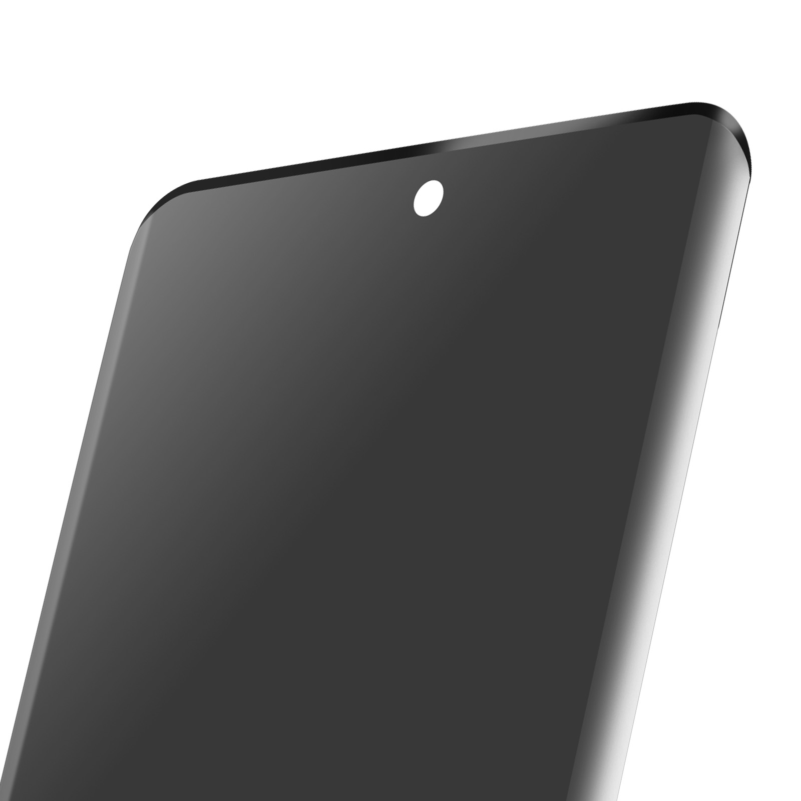 Primo piano di uno schermo nero di smartphone con un punto bianco. Lo schermo ha angoli arrotondati. Sfondo bianco.
