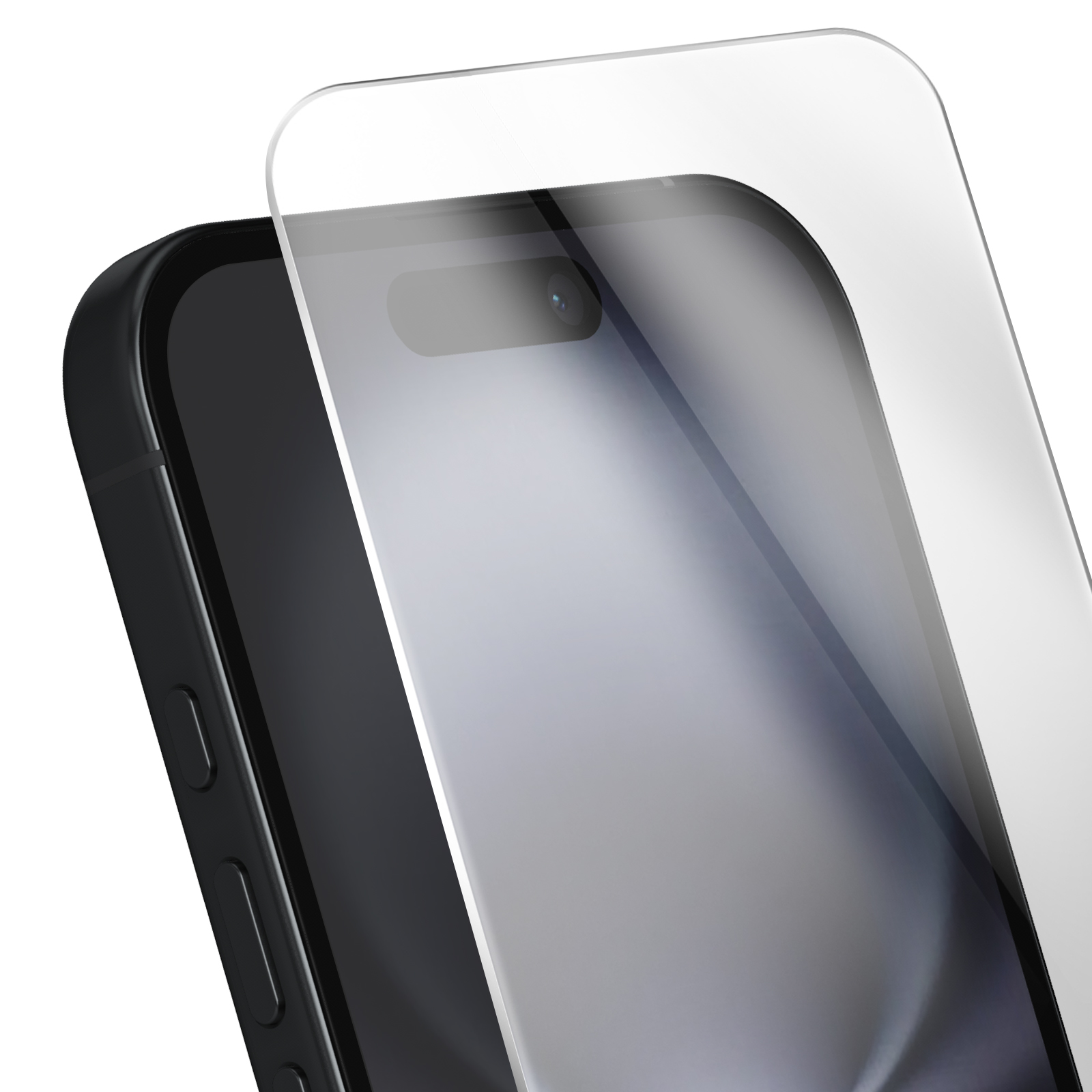 Viene mostrato uno smartphone nero con una protezione per lo schermo. Il telefono ha una fotocamera e i pulsanti del volume.