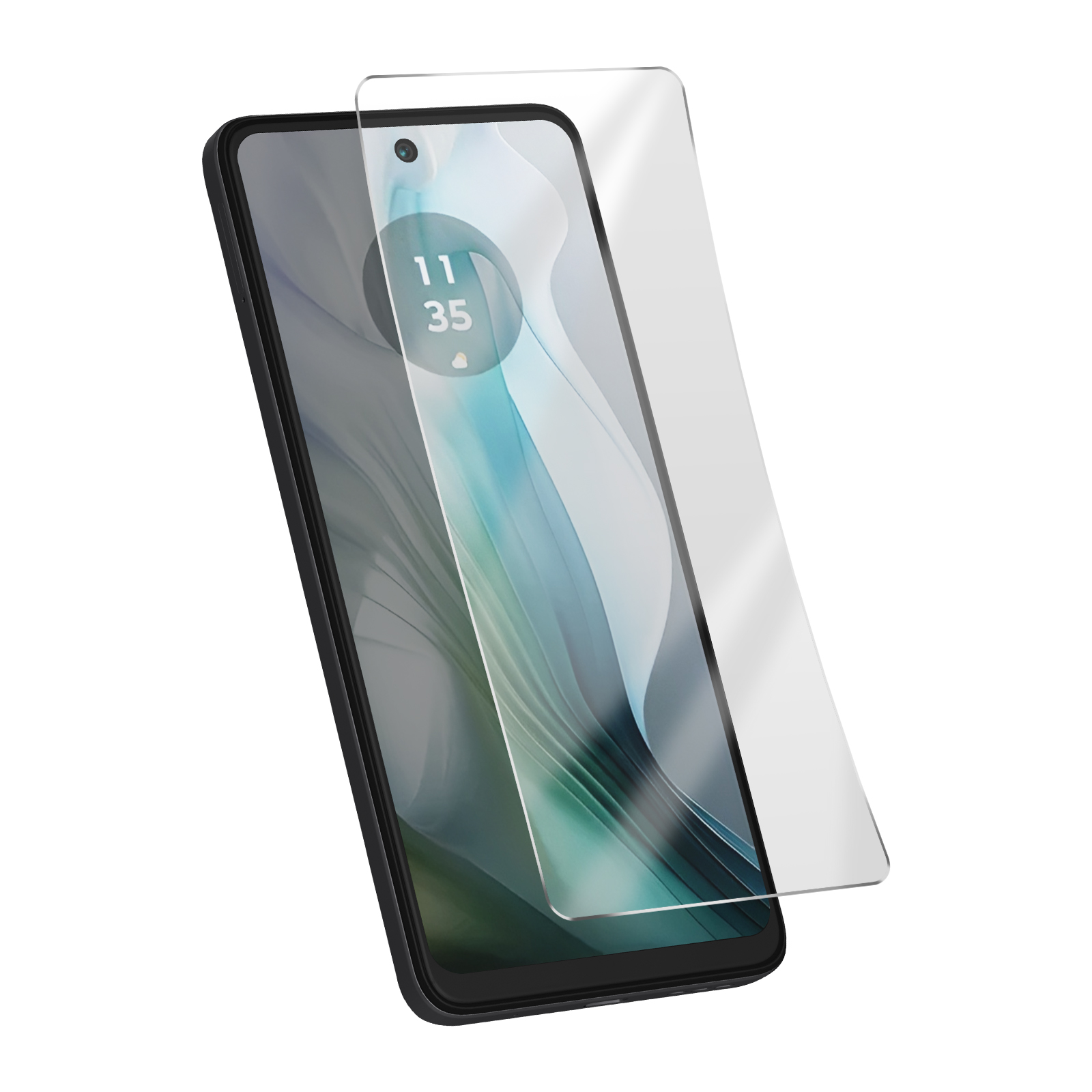 Uno smartphone con una protezione per lo schermo. Lo schermo mostra l'ora, 11:35. Il telefono è nero, la protezione è trasparente.