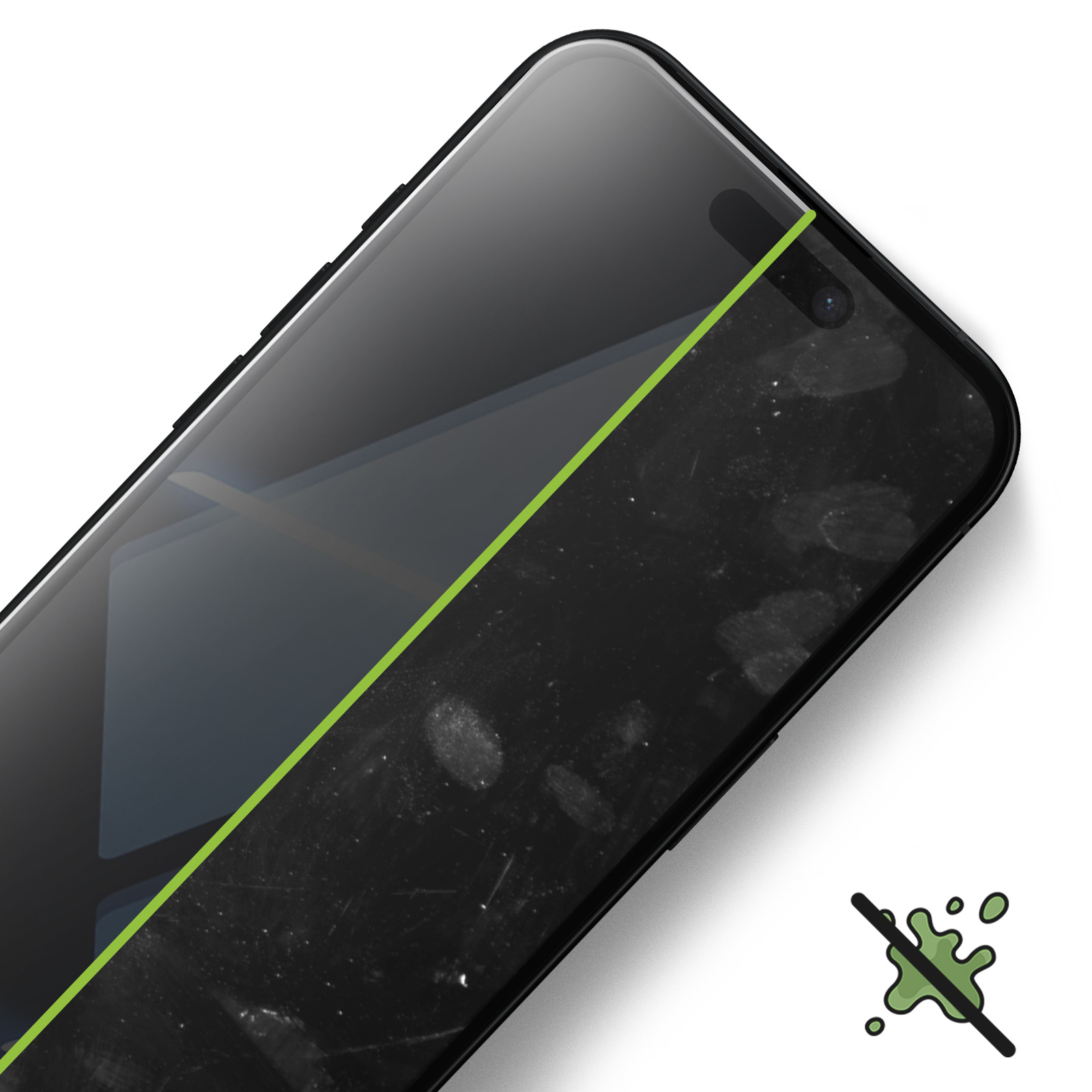 Uno schermo di smartphone diviso diagonalmente. Un lato è pulito, l'altro sporco di impronte digitali. Una linea verde li divide.