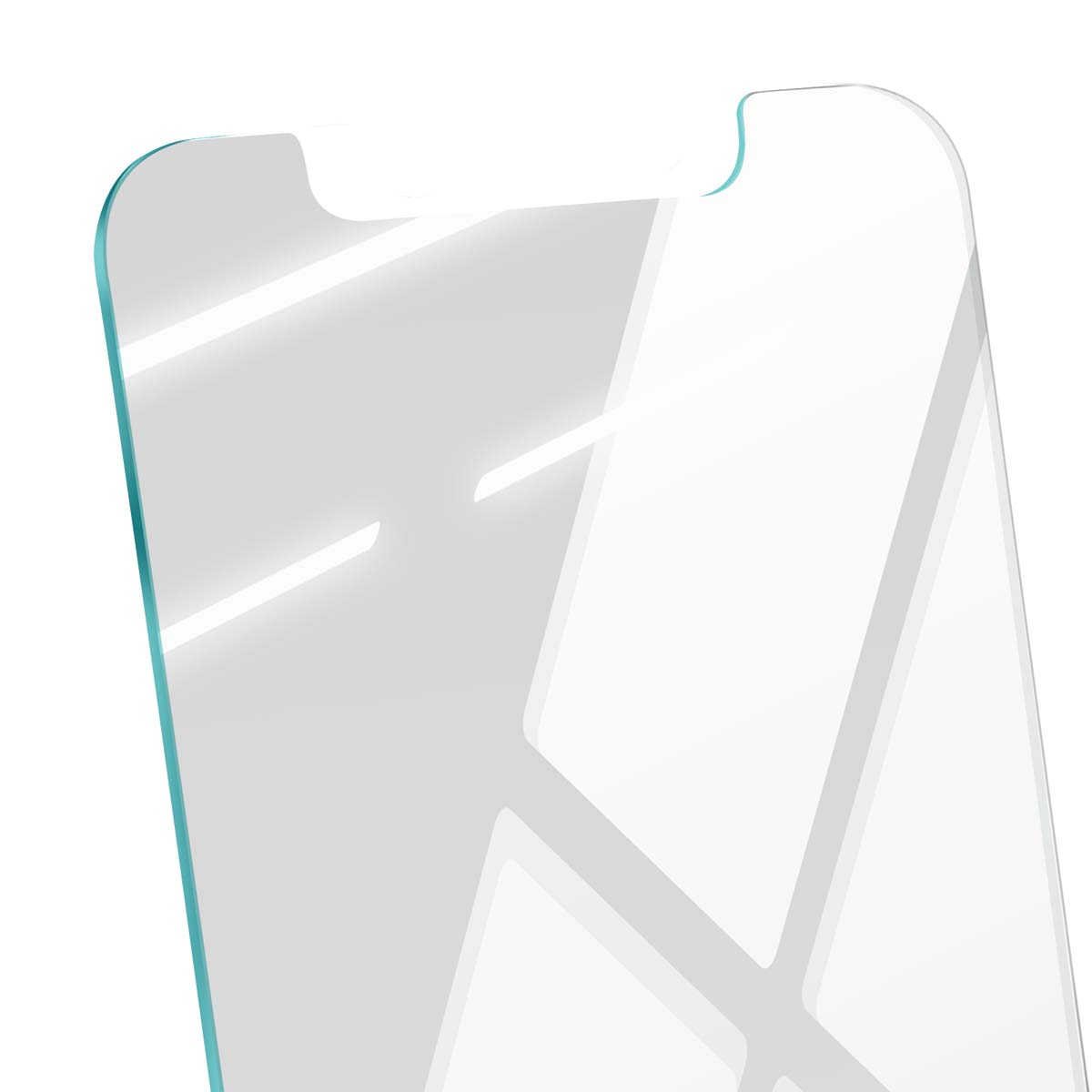 Close-up van een heldere telefoon screenprotector met afgeronde hoeken. Lichtreflecties creëren heldere lijnen op het glas.