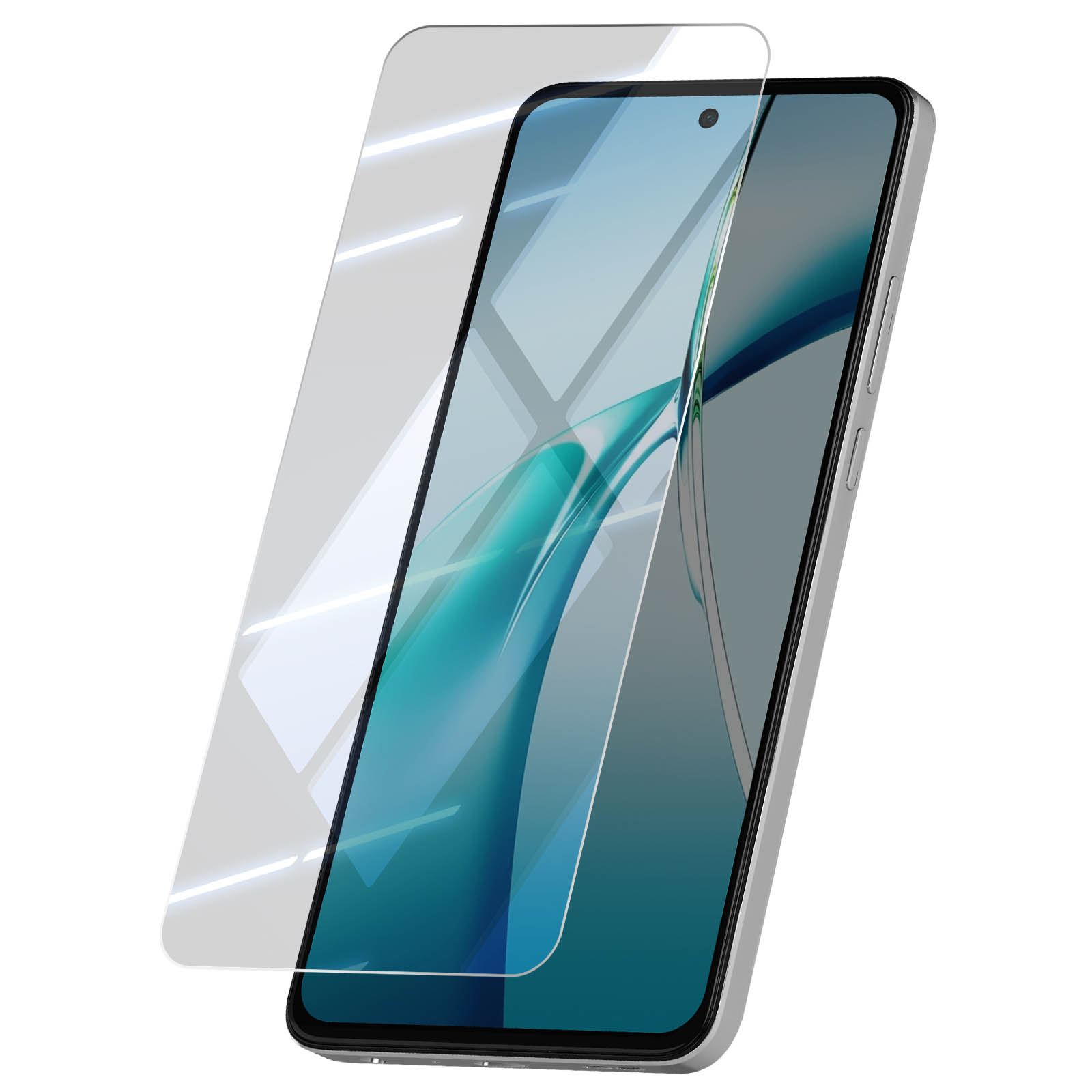 Viene mostrato uno smartphone con una protezione per lo schermo. Il telefono è argento e la protezione è trasparente.
