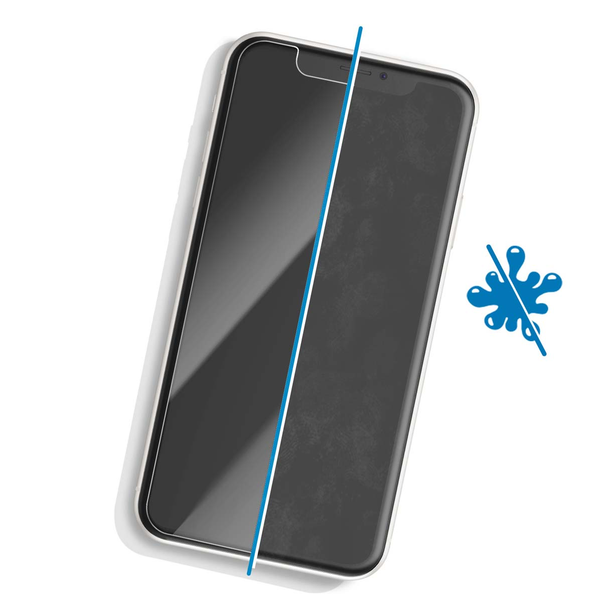 Smartphone met schermbeschermer, verdeeld door een blauwe lijn. Een blauwe spat met een verbodsteken staat rechts.