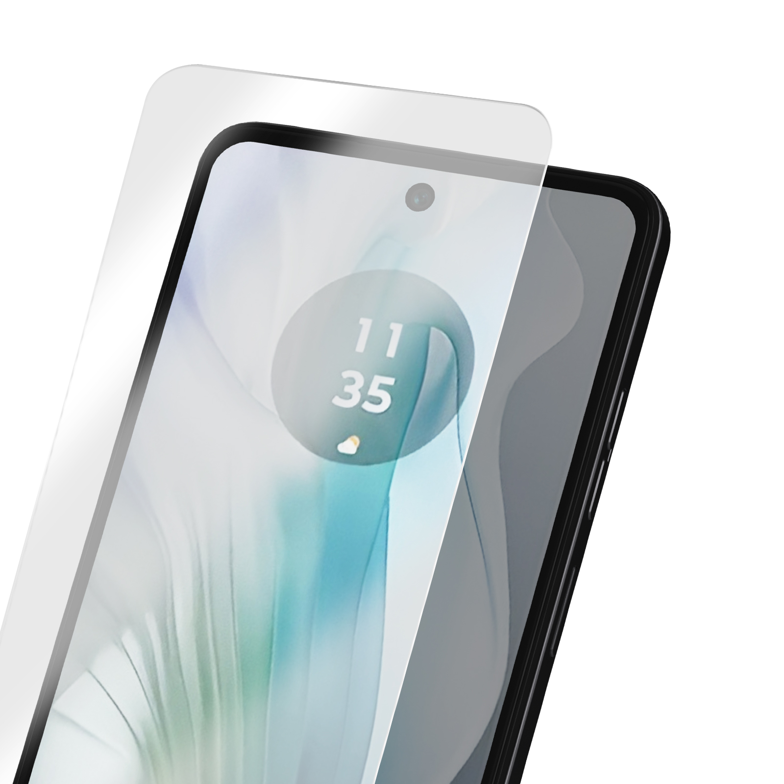 Uno smartphone con una protezione per lo schermo applicata. Lo schermo mostra l'ora 11:35. La protezione è parzialmente staccata.