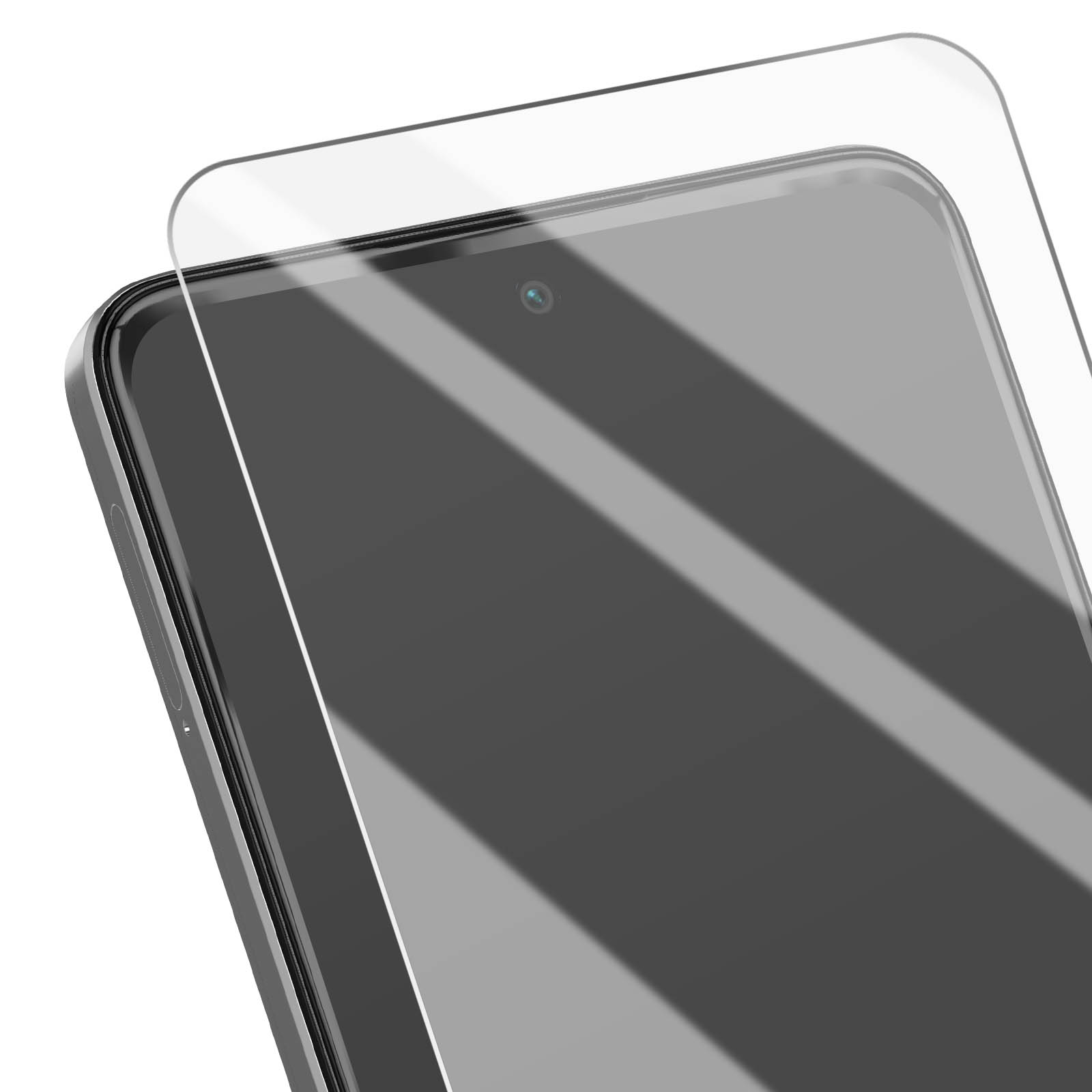 Uno smartphone con una protezione per lo schermo applicata. Lo schermo è grigio scuro e la protezione è trasparente. La fotocamera è visibile.