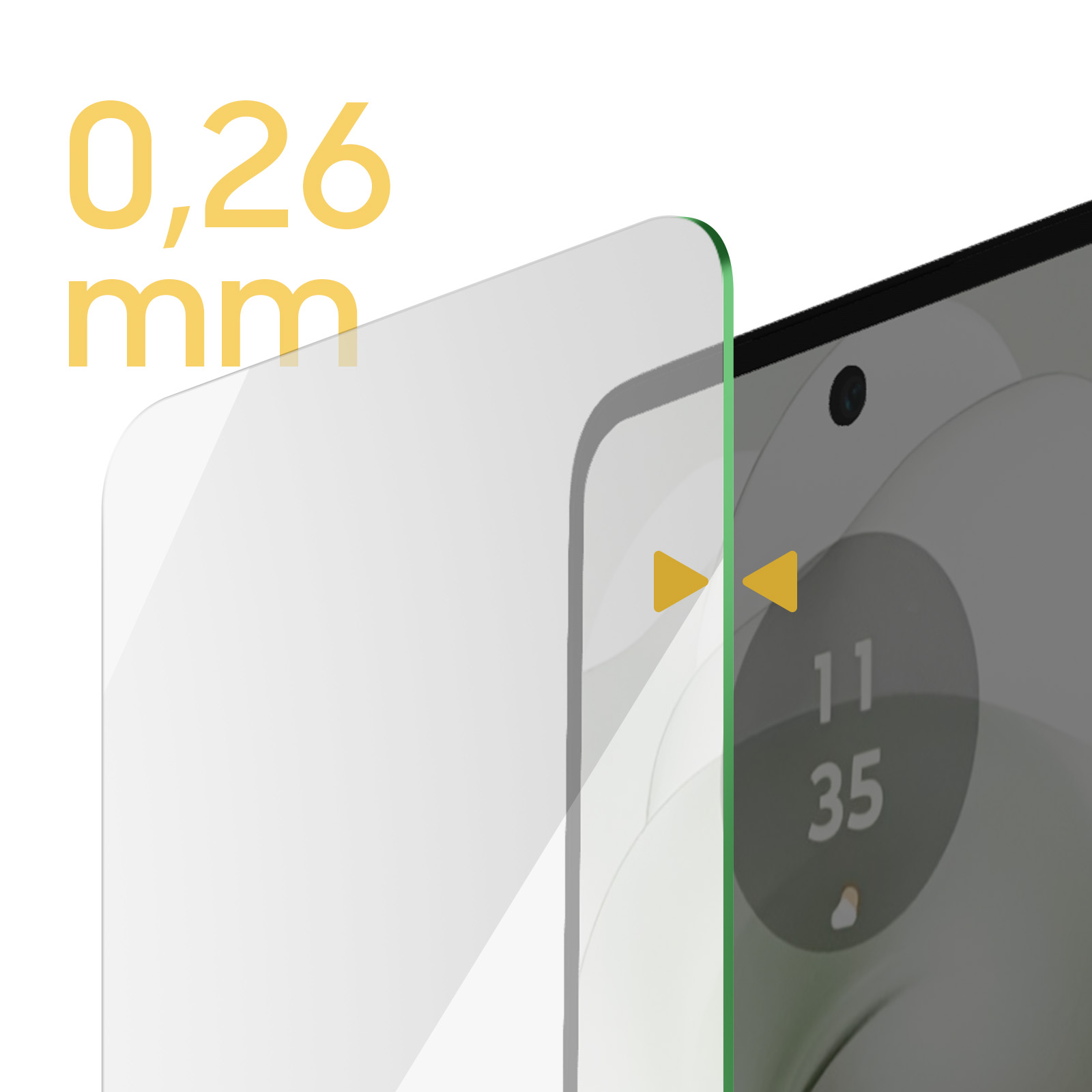 Un proteggi schermo da 0,26 mm di spessore è posto su un telefono. Il telefono mostra l'ora, con una fotocamera visibile.