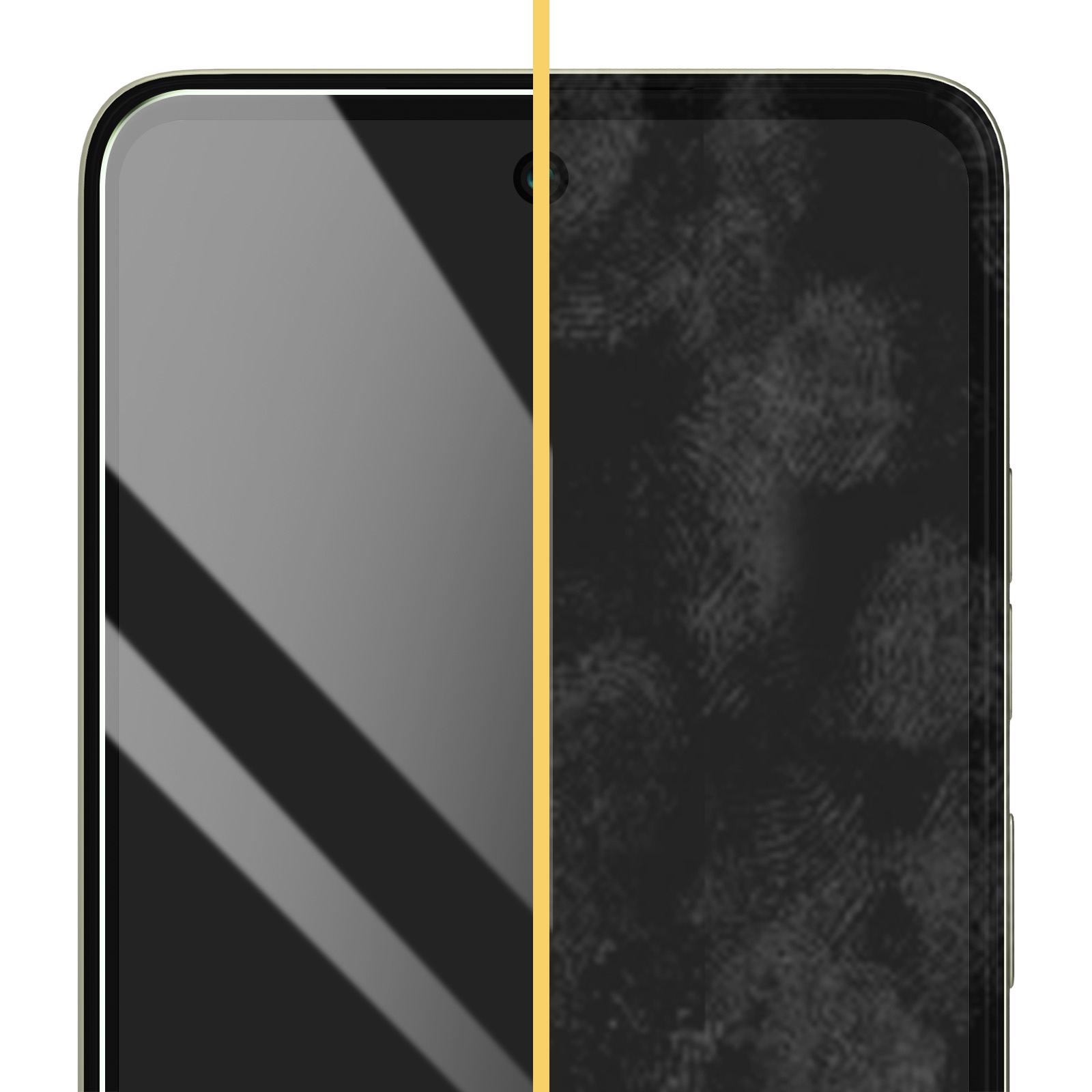 Primo piano dello schermo di uno smartphone. Lato sinistro grigio chiaro, lato destro nero con impronte digitali.