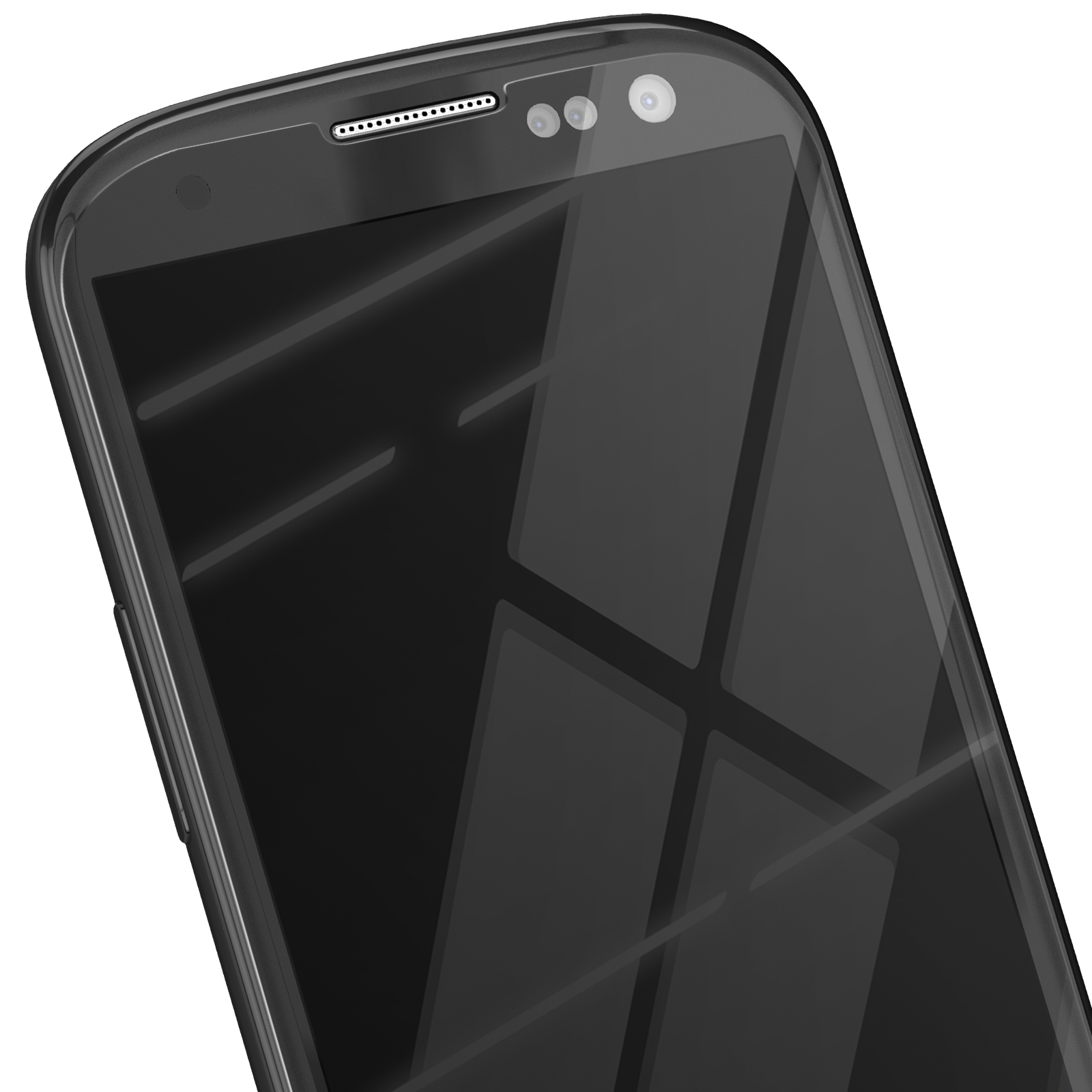 Primo piano di uno smartphone nero. Lo schermo riflette la luce con una finitura lucida. La parte superiore ha sensori e un altoparlante.
