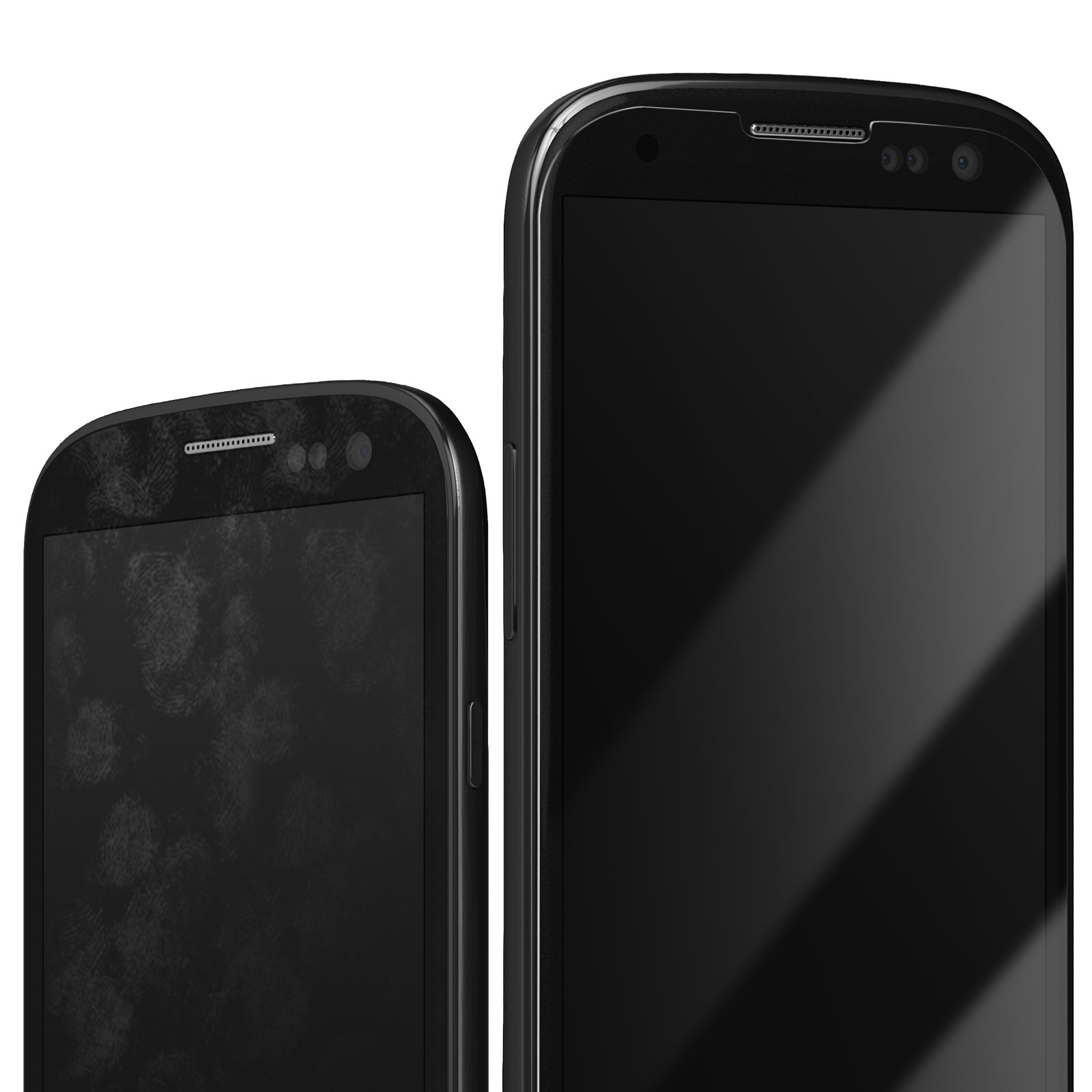 Sono mostrati due smartphone neri. Il telefono a sinistra ha impronte digitali visibili. Il telefono a destra è pulito.