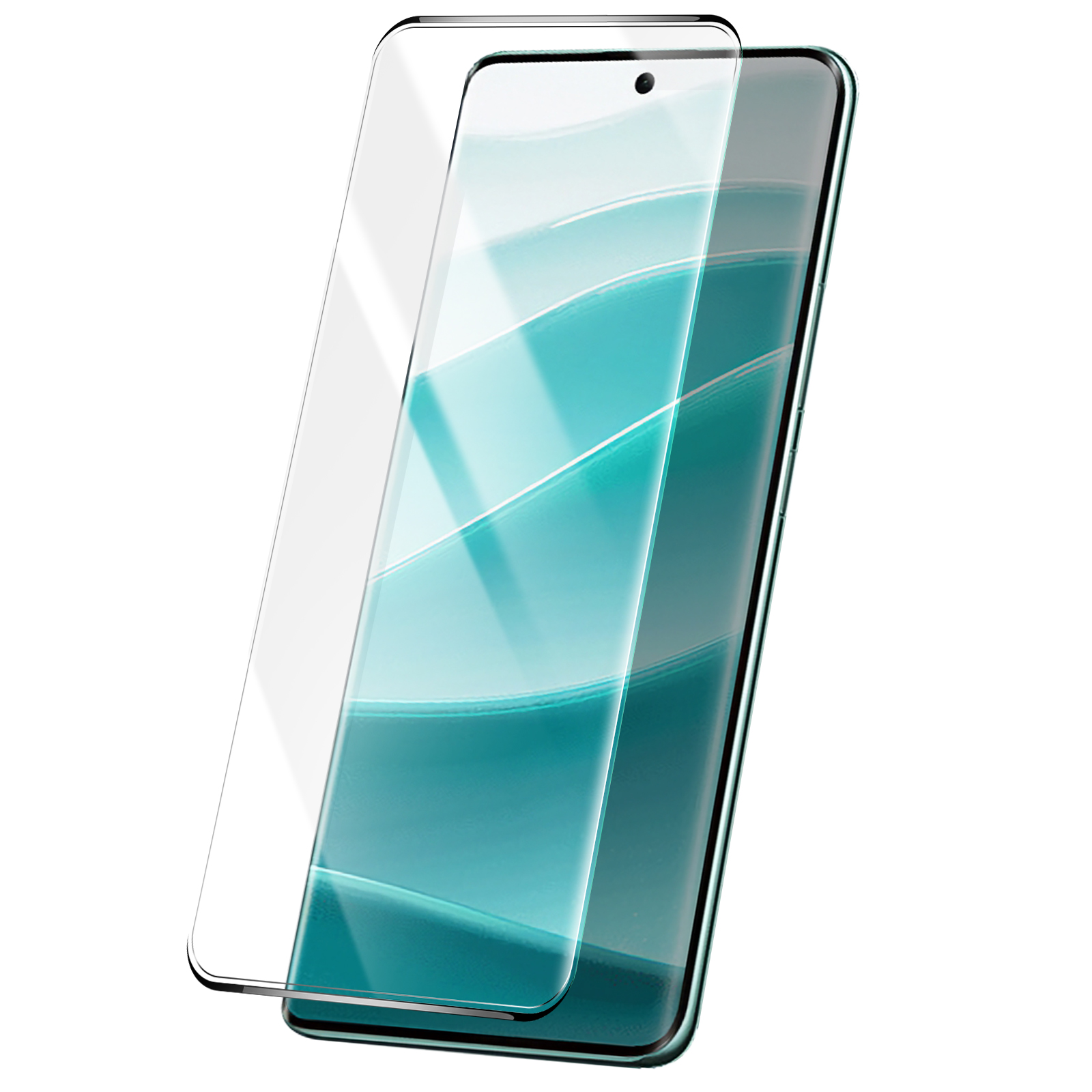 Uno smartphone con una protezione per lo schermo sovrapposta. Il telefono è verde, lo schermo è turchese e bianco. La protezione è trasparente.