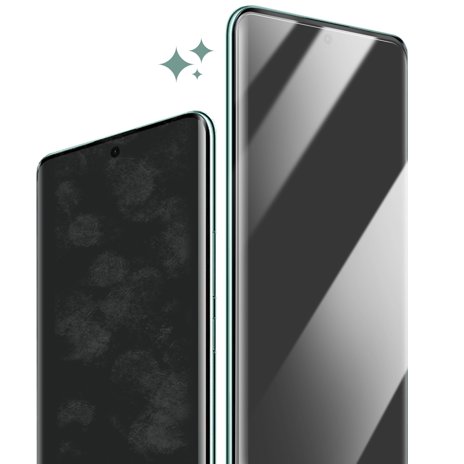 Due smartphone. Uno mostra impronte digitali, l'altro è pulito. Entrambi hanno un contorno verde e una fotocamera frontale.
