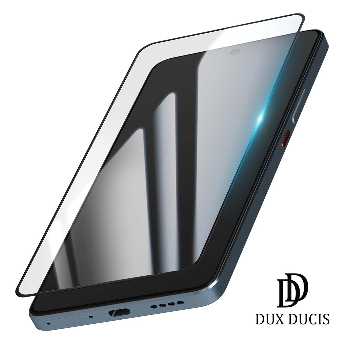 Uno smartphone con una protezione per lo schermo. Il telefono è blu scuro, con una protezione trasparente leggermente sollevata. Logo "DUX DUCIS".