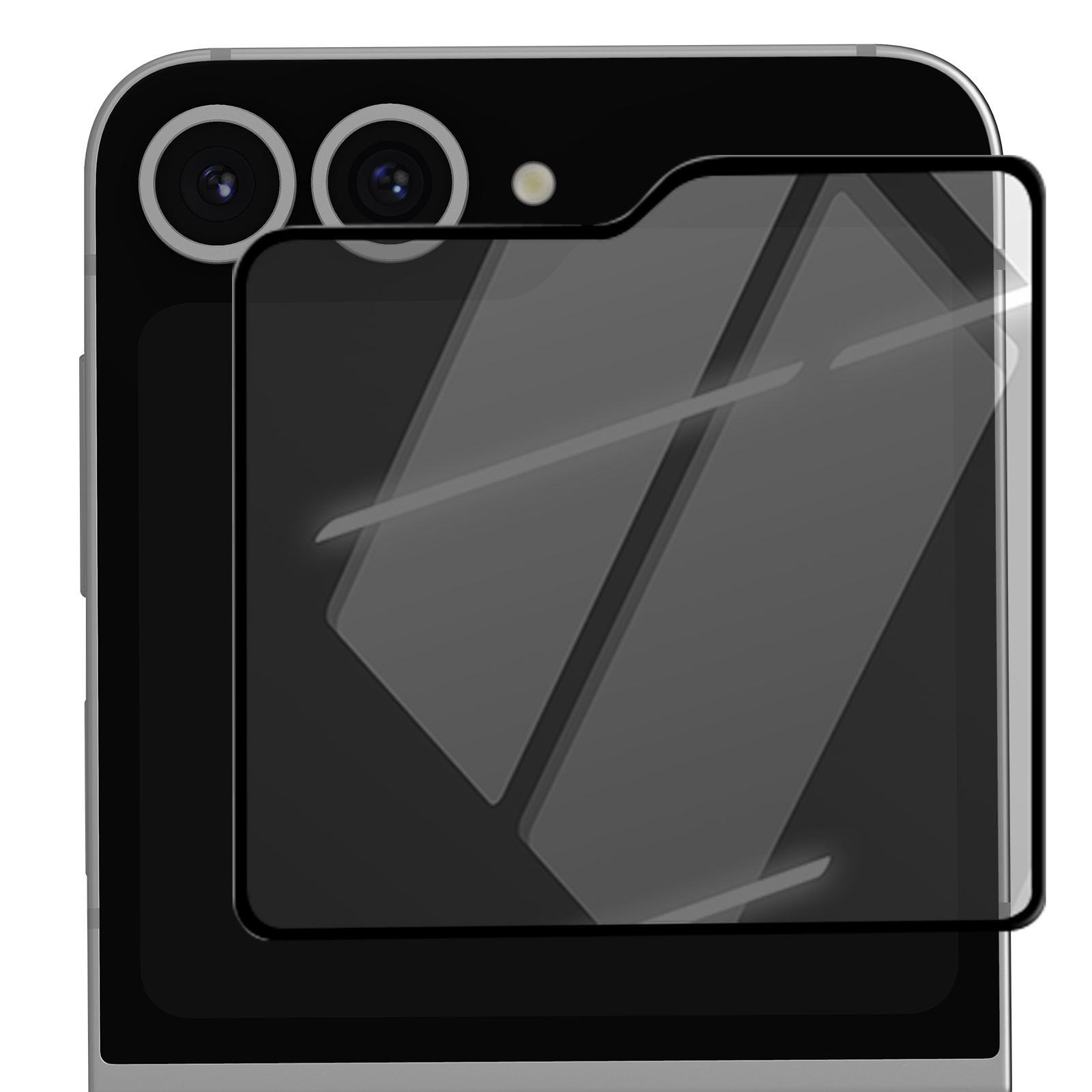 Uno smartphone nero con protezione schermo applicata. Due obiettivi e un flash sono visibili nella parte superiore.