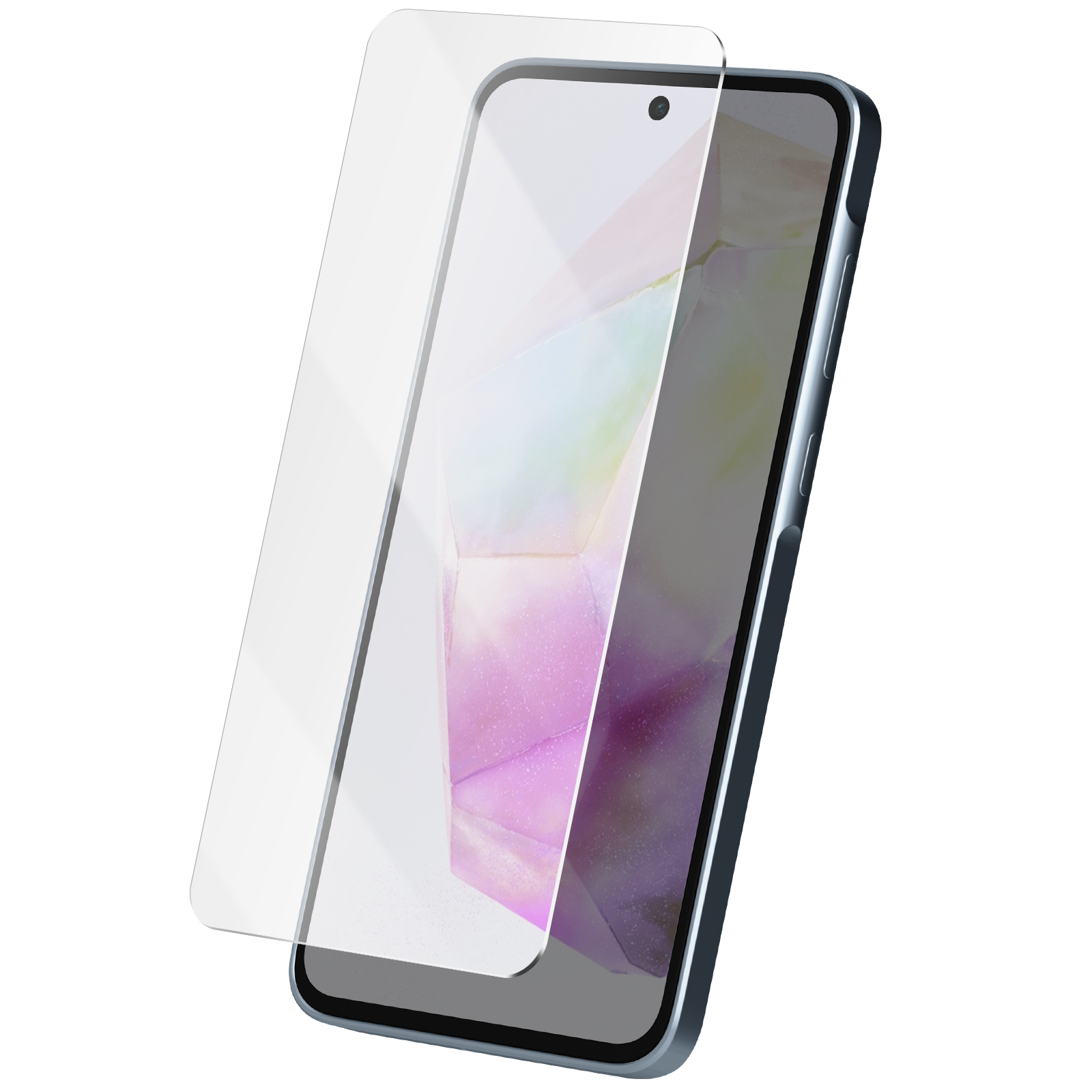 Uno smartphone con una protezione per lo schermo. Il telefono è blu con uno schermo nero. La protezione è trasparente.