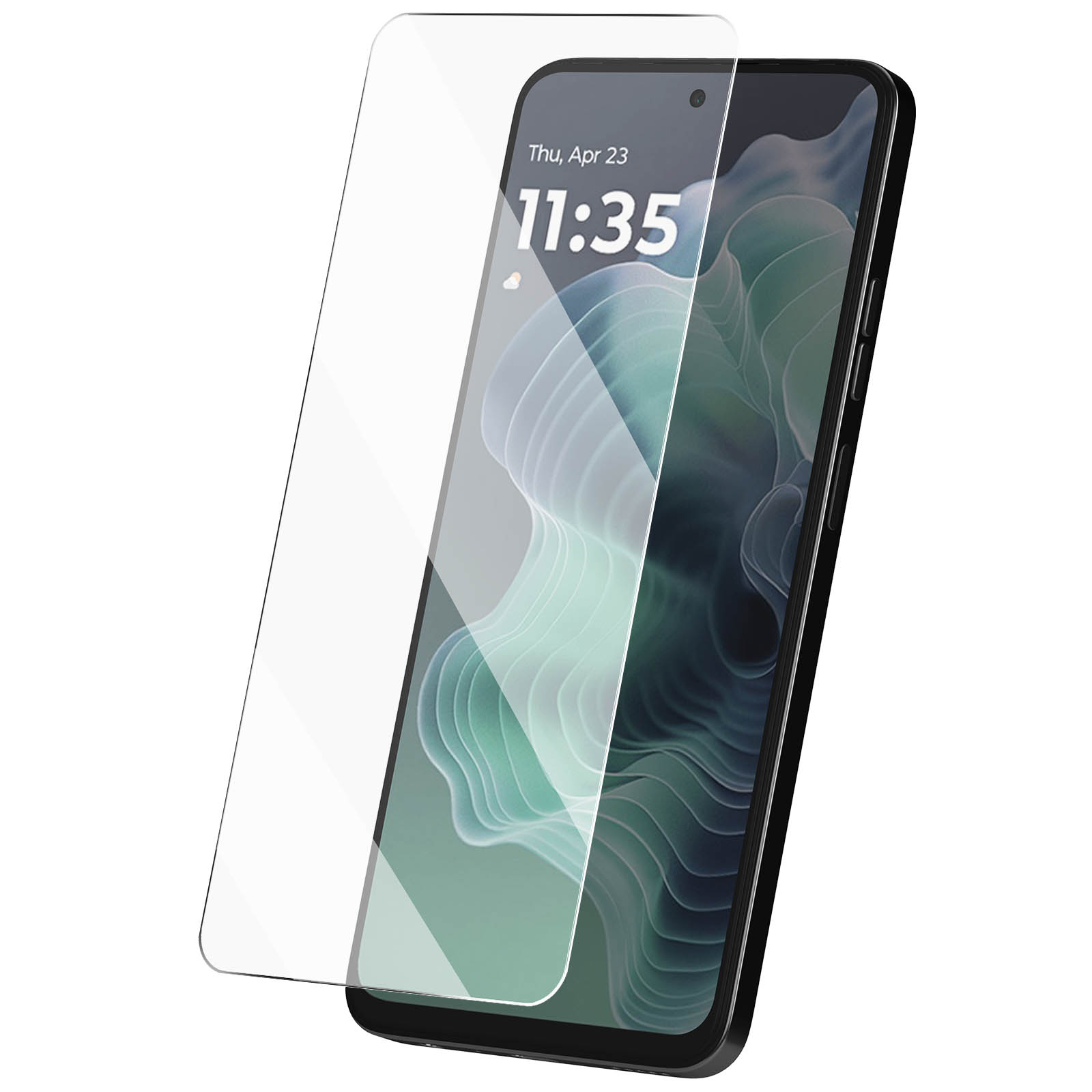 Uno smartphone con una protezione per lo schermo, che mostra l'ora e uno sfondo astratto. La protezione è trasparente.