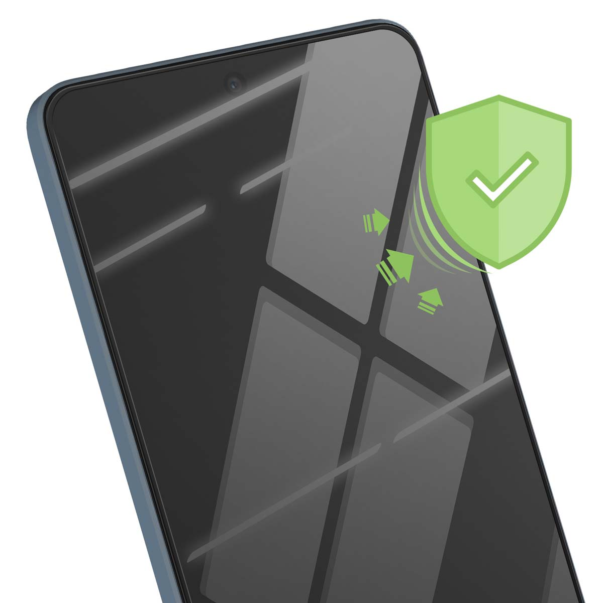 Schermo di smartphone con scudo verde e segno di spunta. Frecce indicano protezione. Il telefono è blu con schermo scuro.