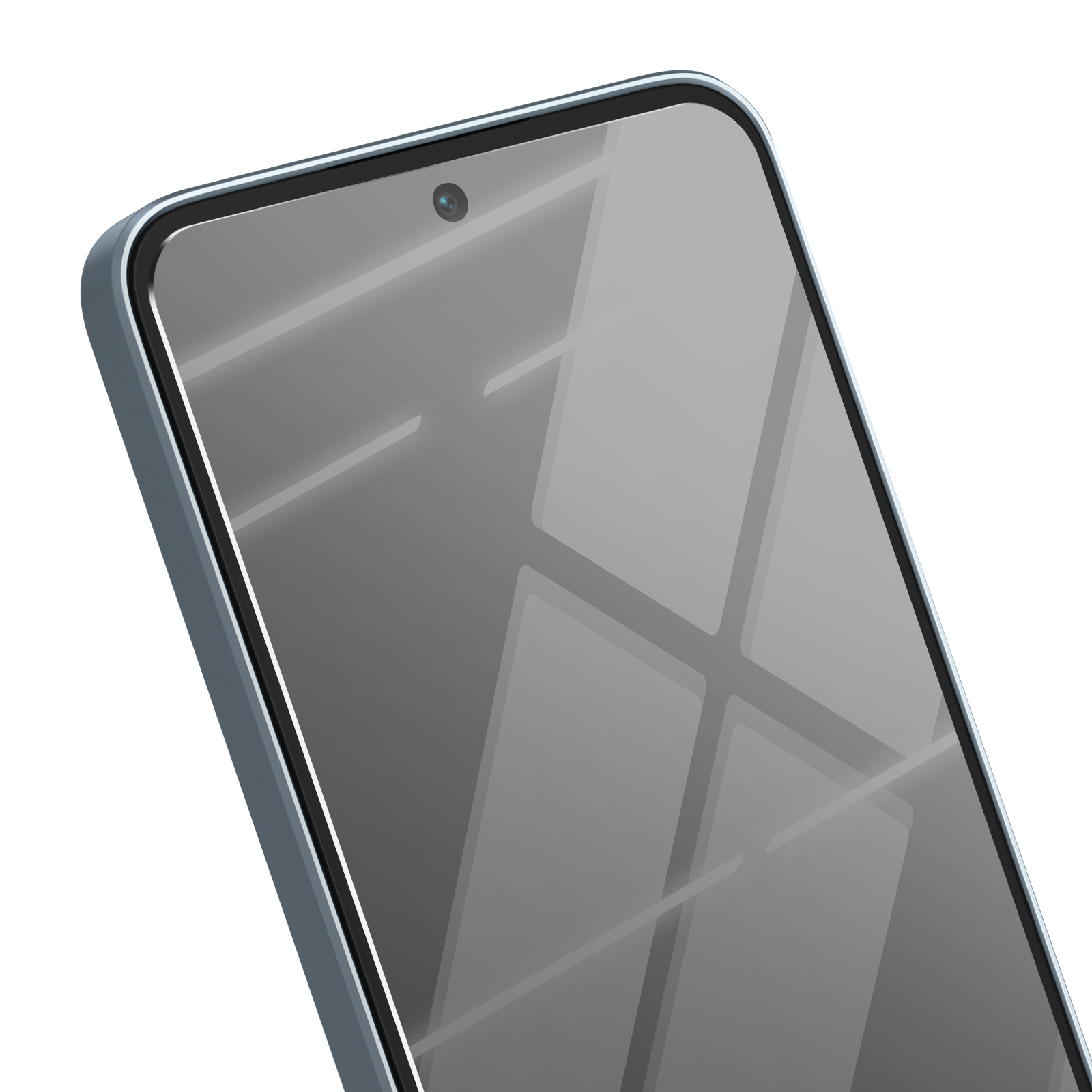 Primo piano di uno smartphone. Lo schermo è grigio e riflettente, con fotocamera frontale. Il telefono ha cornice blu e sfondo bianco.