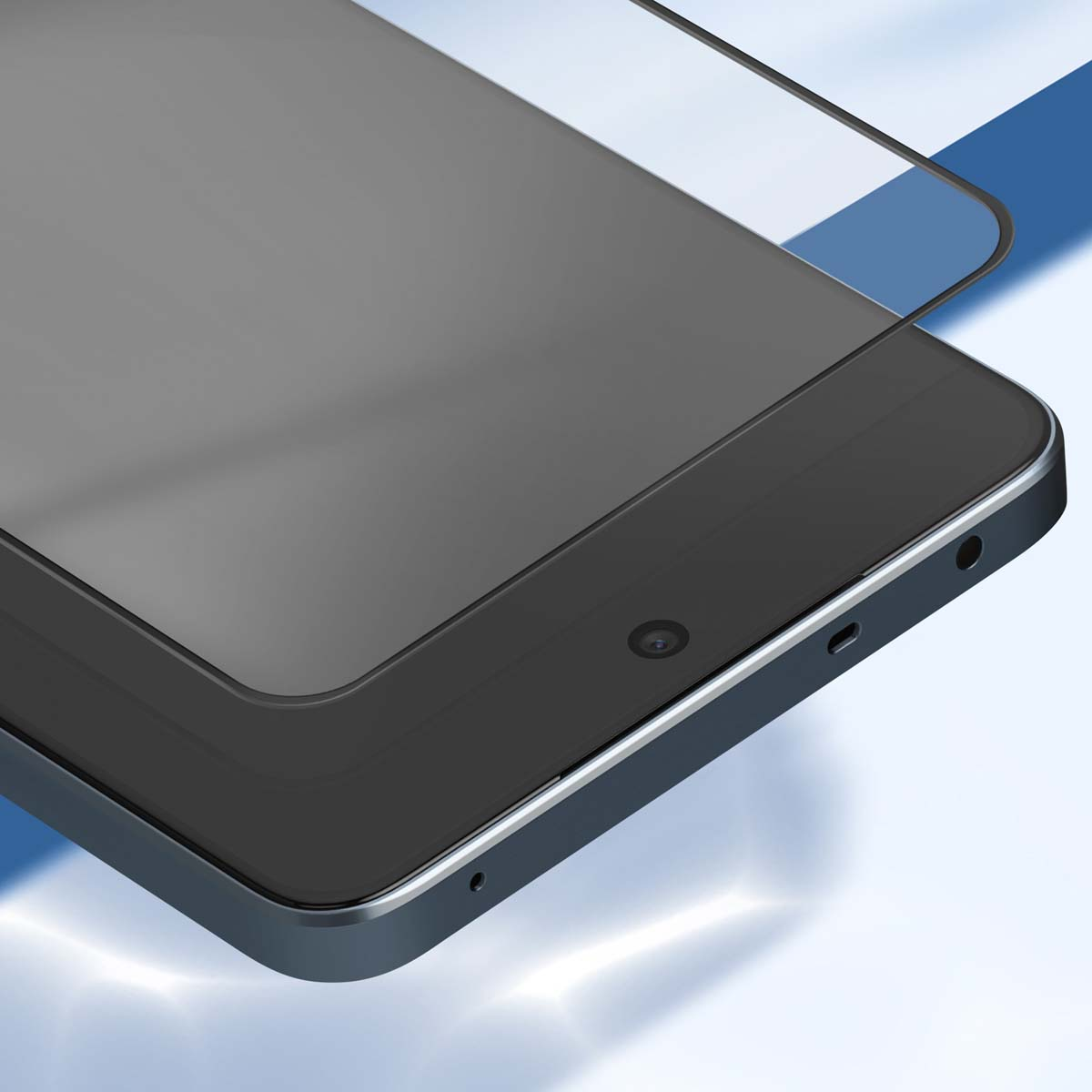 Un primo piano di un tablet grigio scuro con una protezione per lo schermo. Il tablet ha una fotocamera e un altoparlante frontale.