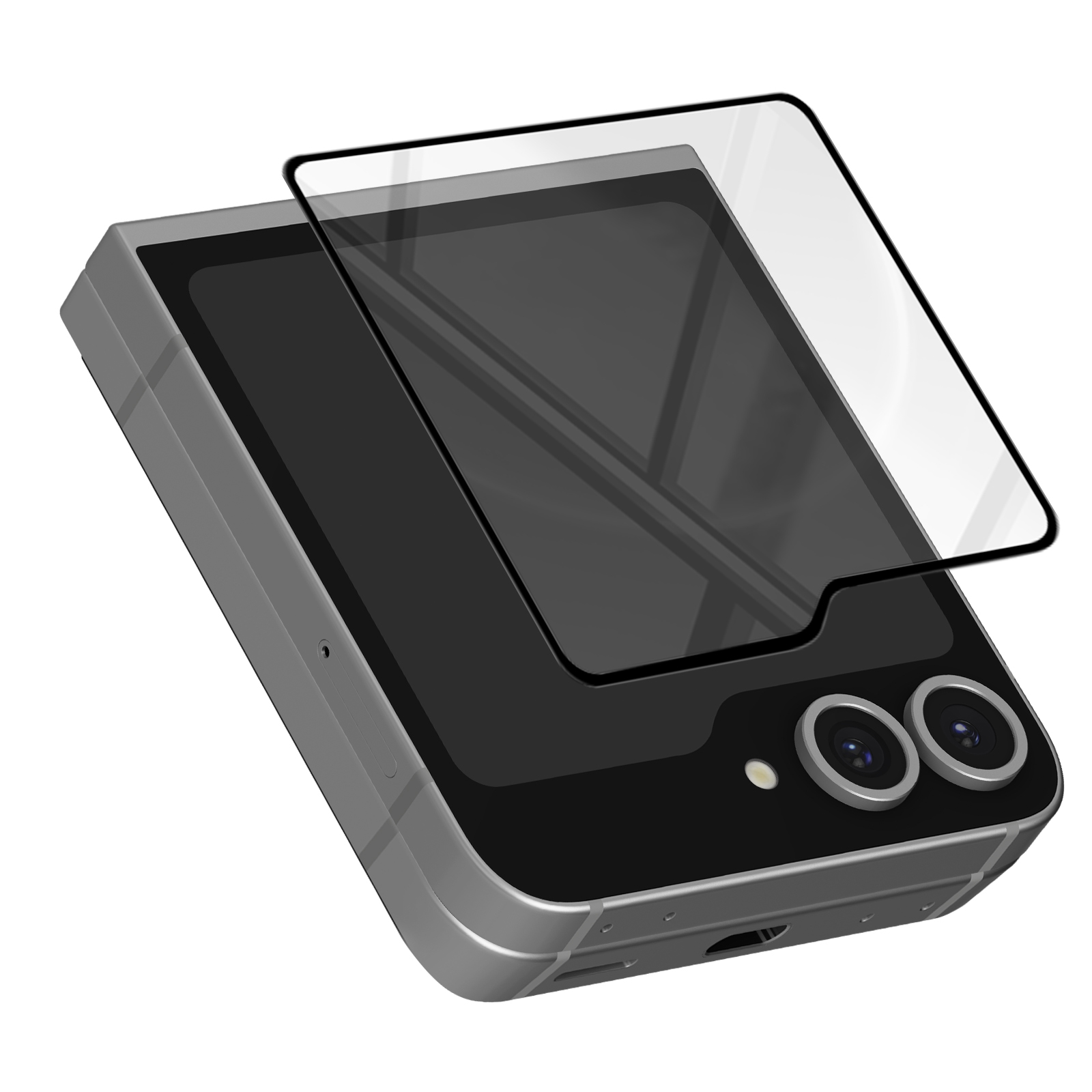 Uno smartphone argentato con protezione schermo nera. Due lenti della fotocamera sul retro. Il telefono è su sfondo bianco.