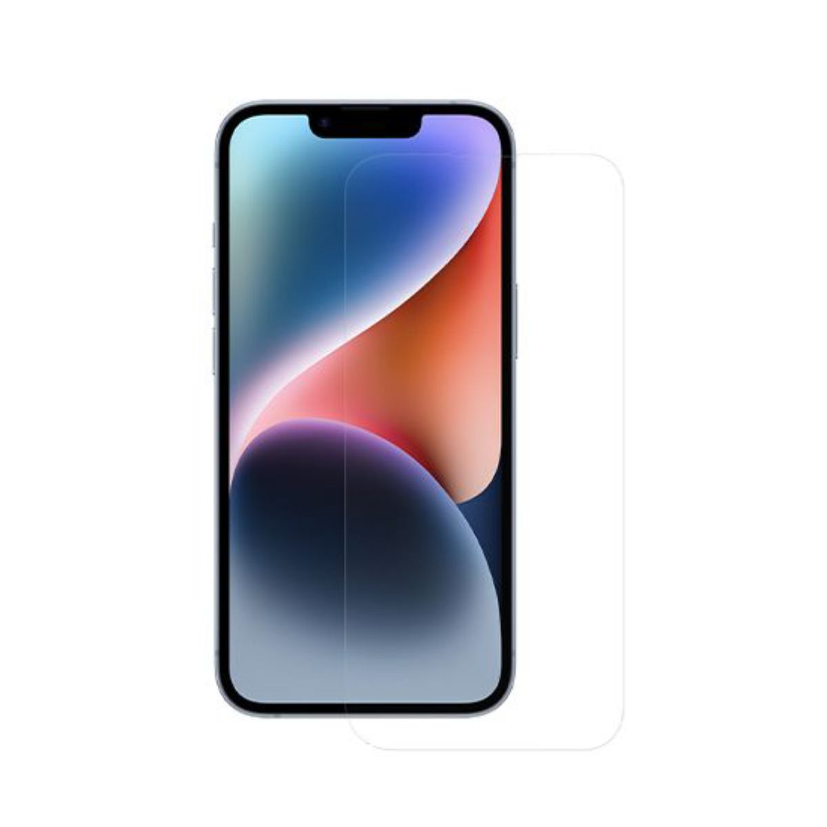 Un iPhone con una protezione per lo schermo. Lo schermo mostra forme astratte colorate. La protezione è trasparente e accanto al telefono.