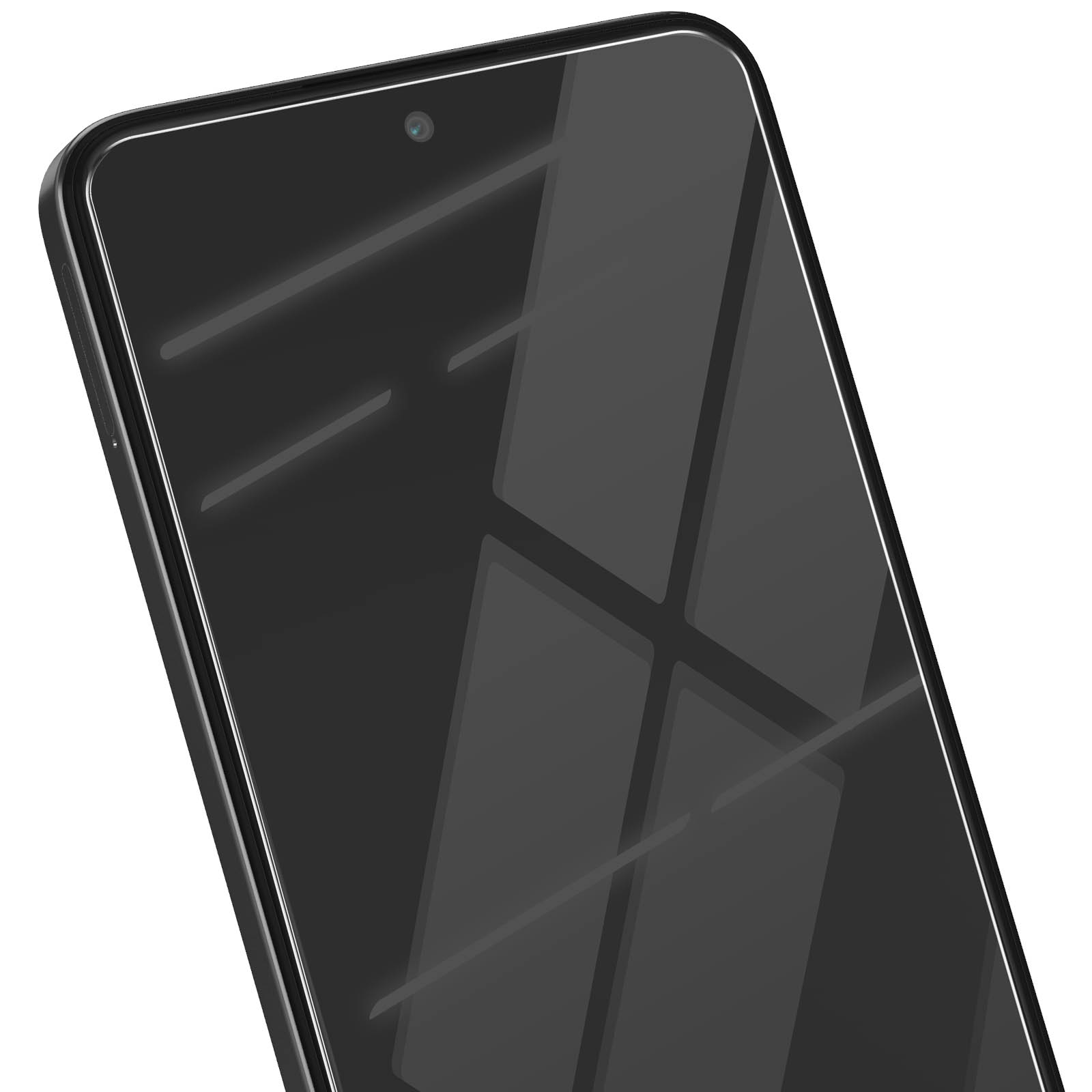 Primo piano di uno schermo di smartphone. Lo schermo è nero e riflettente, con una fotocamera visibile in alto. Sono presenti riflessi.