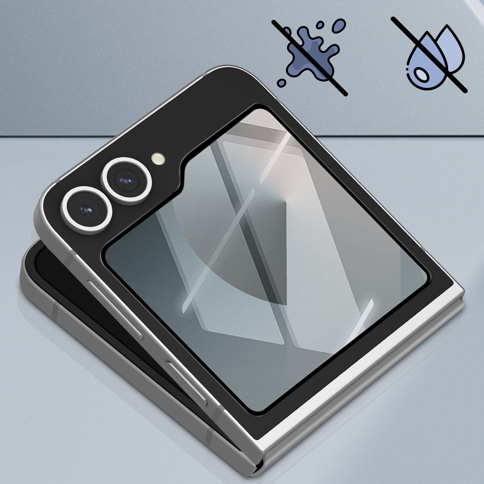 Uno smartphone pieghevole, nero e argento, con due fotocamere, icone di resistenza all'acqua e agli schizzi. Schermo riflettente.