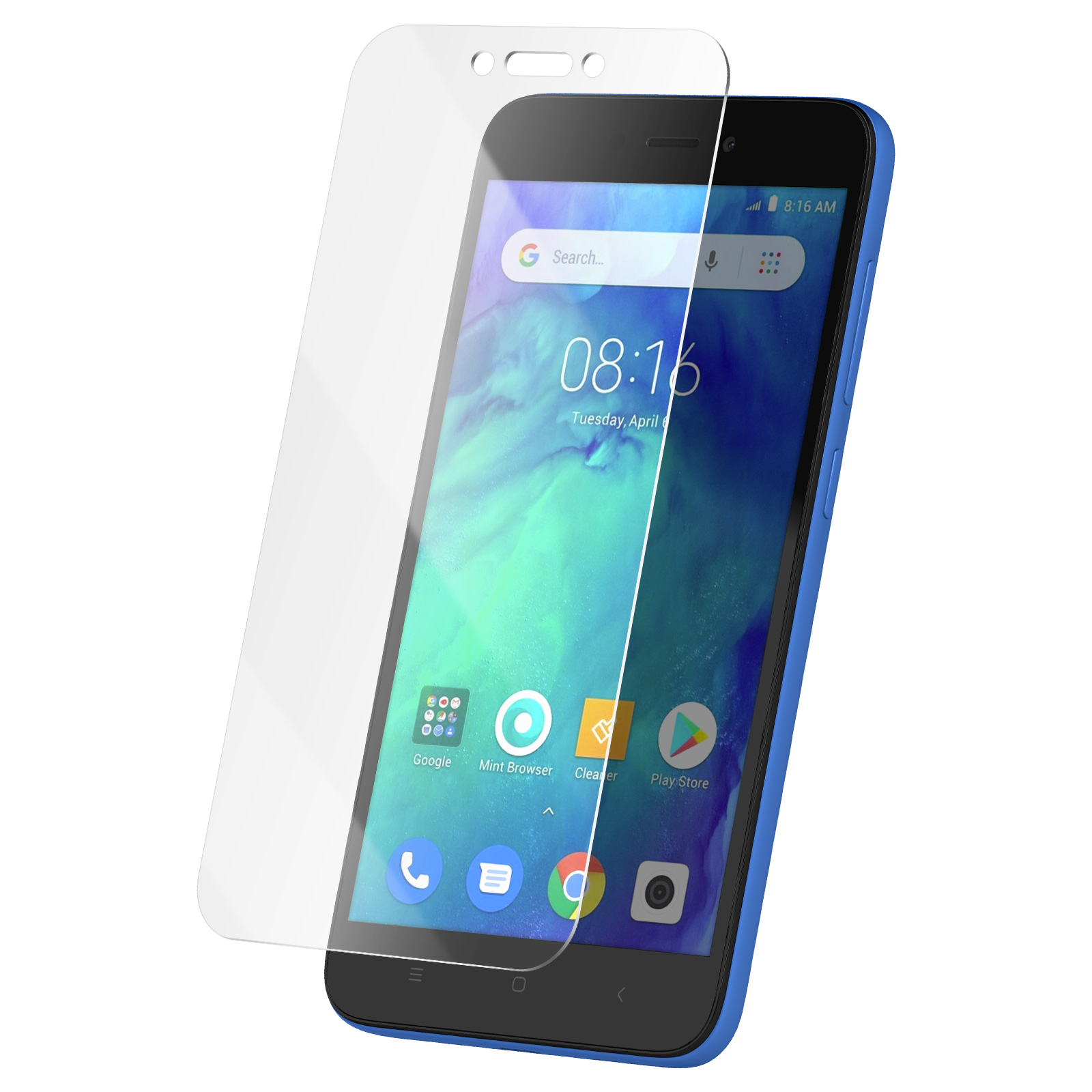Uno smartphone blu con protezione schermo. Lo schermo mostra l'ora, le app e una barra di ricerca.