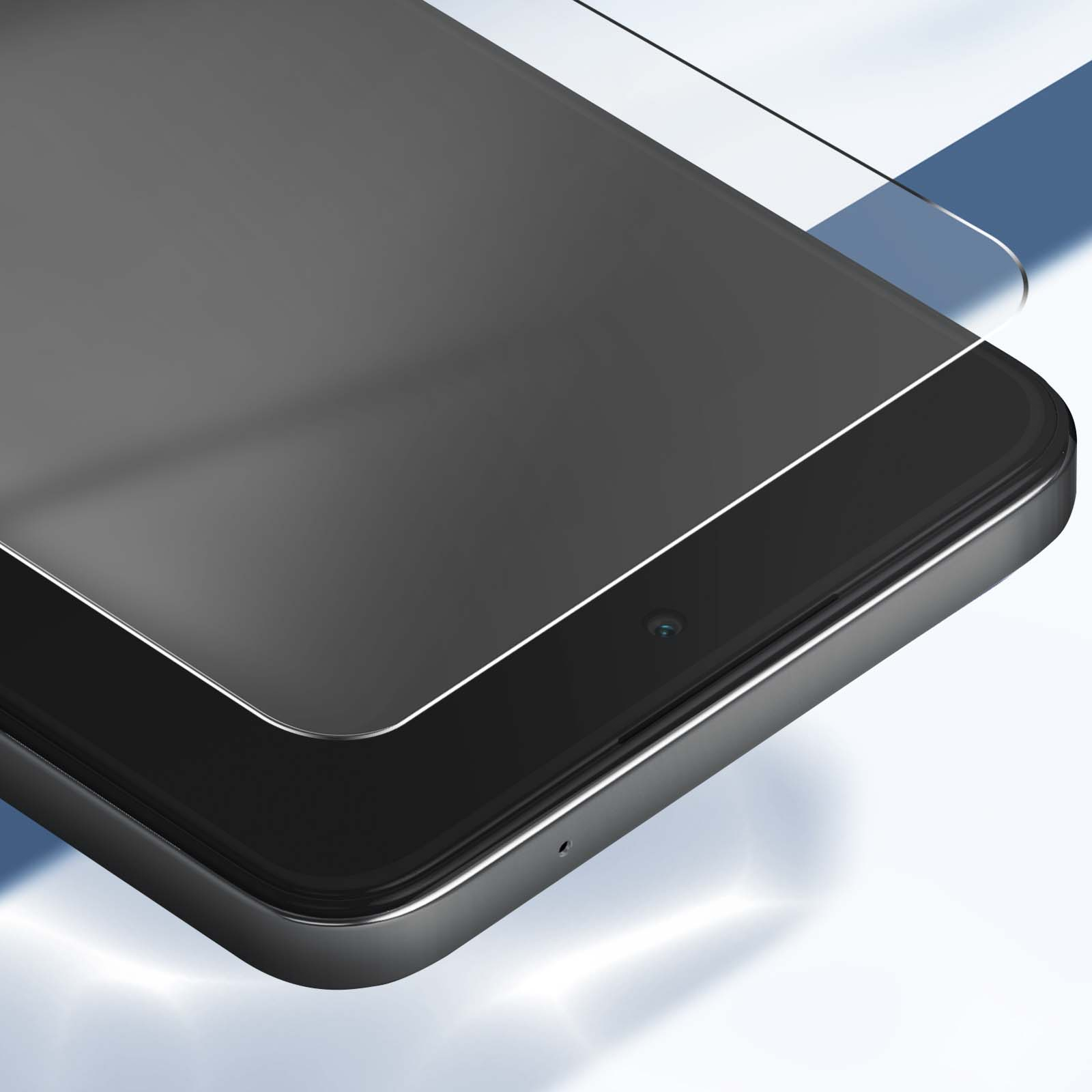 Un proteggi schermo è applicato a uno smartphone nero. Lo sfondo è bianco e azzurro.