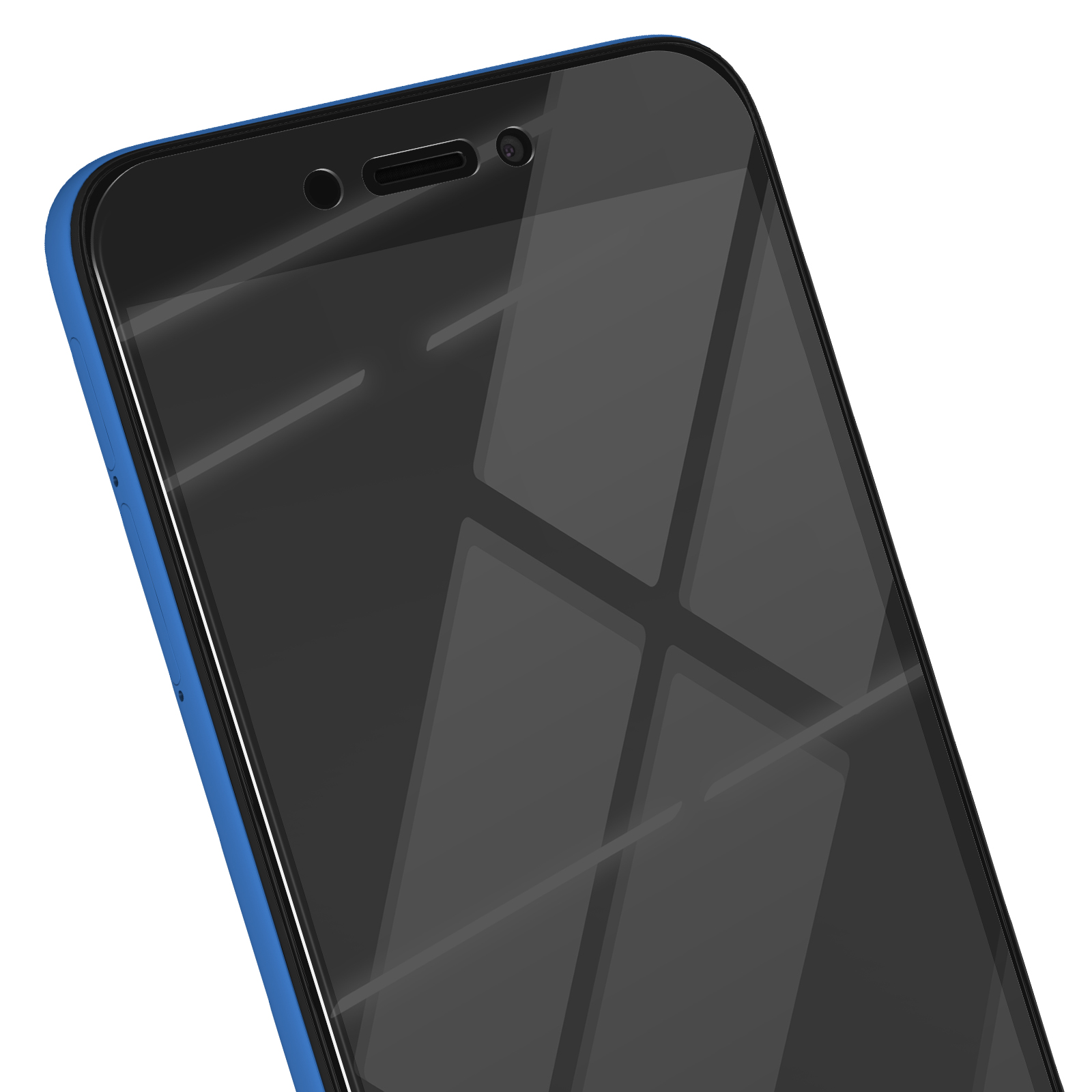 Primo piano di uno smartphone. Lo schermo è nero, la cornice è blu. Lo schermo ha una fotocamera e dei sensori.
