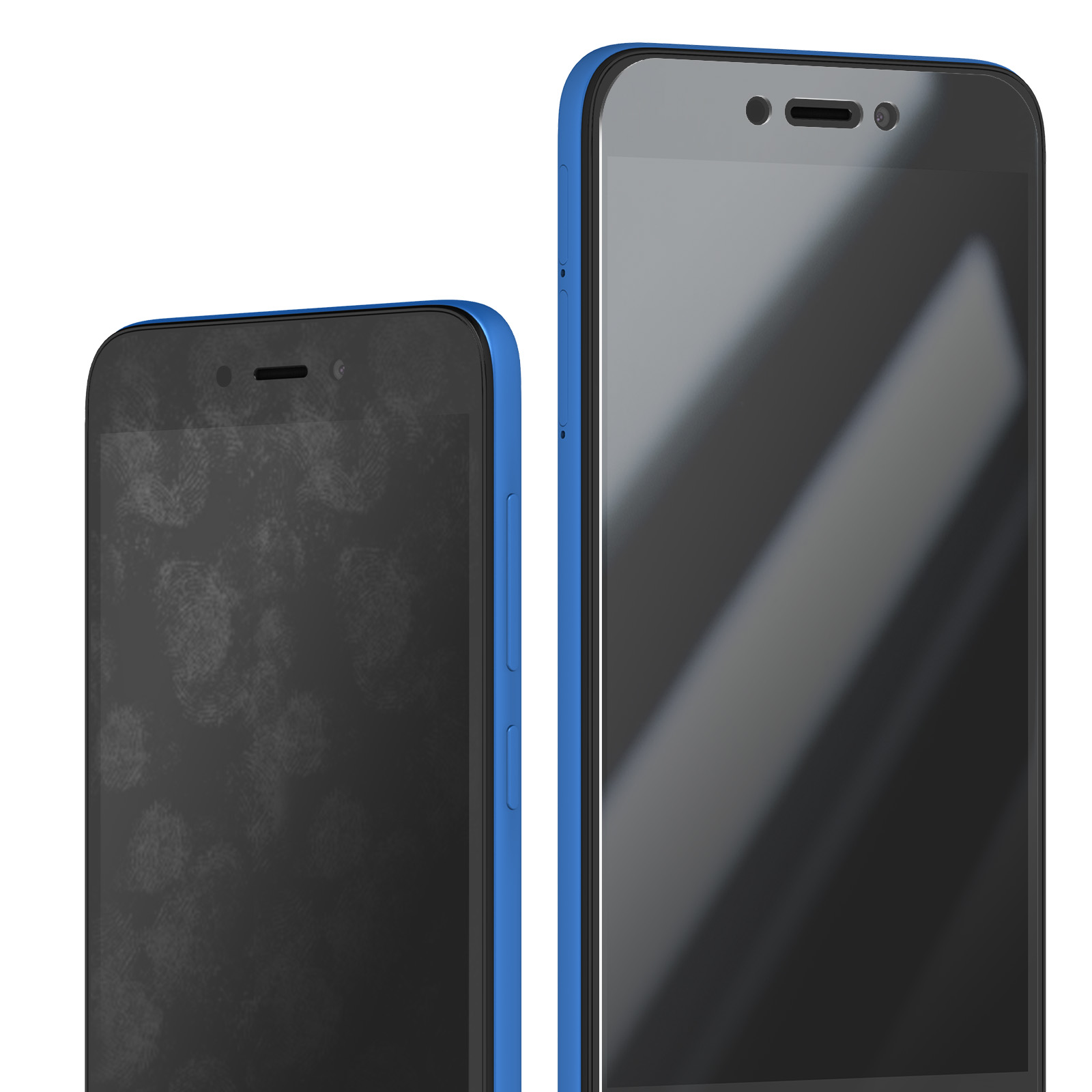 Due smartphone uno accanto all'altro, quello a sinistra più piccolo con macchie di impronte digitali, entrambi con bordi blu e schermi scuri.