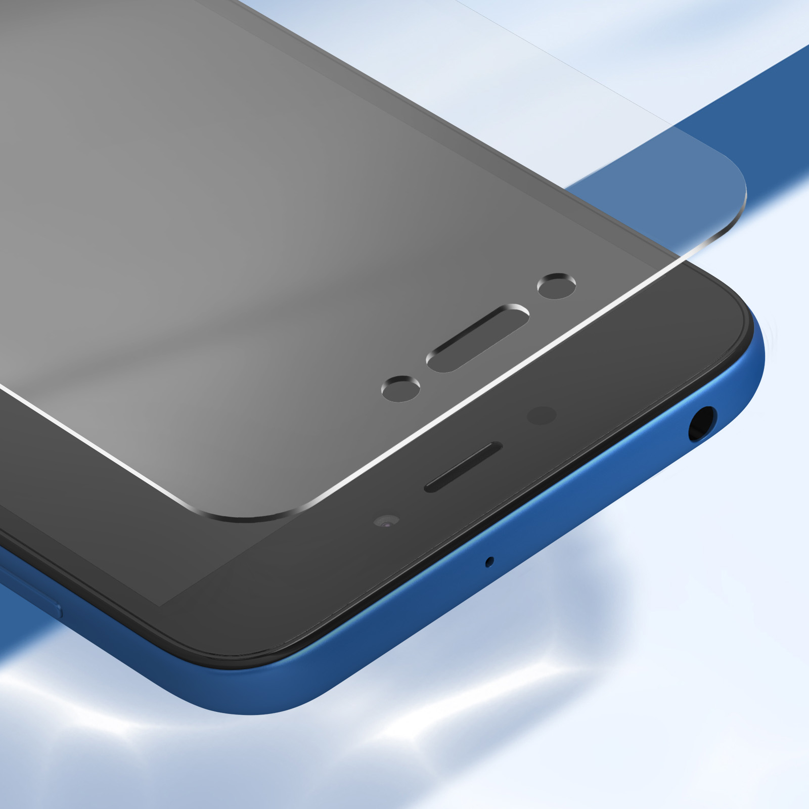 Uno smartphone blu con una protezione per lo schermo applicata. Lo schermo è nero e la protezione è trasparente. Lo sfondo è bianco.