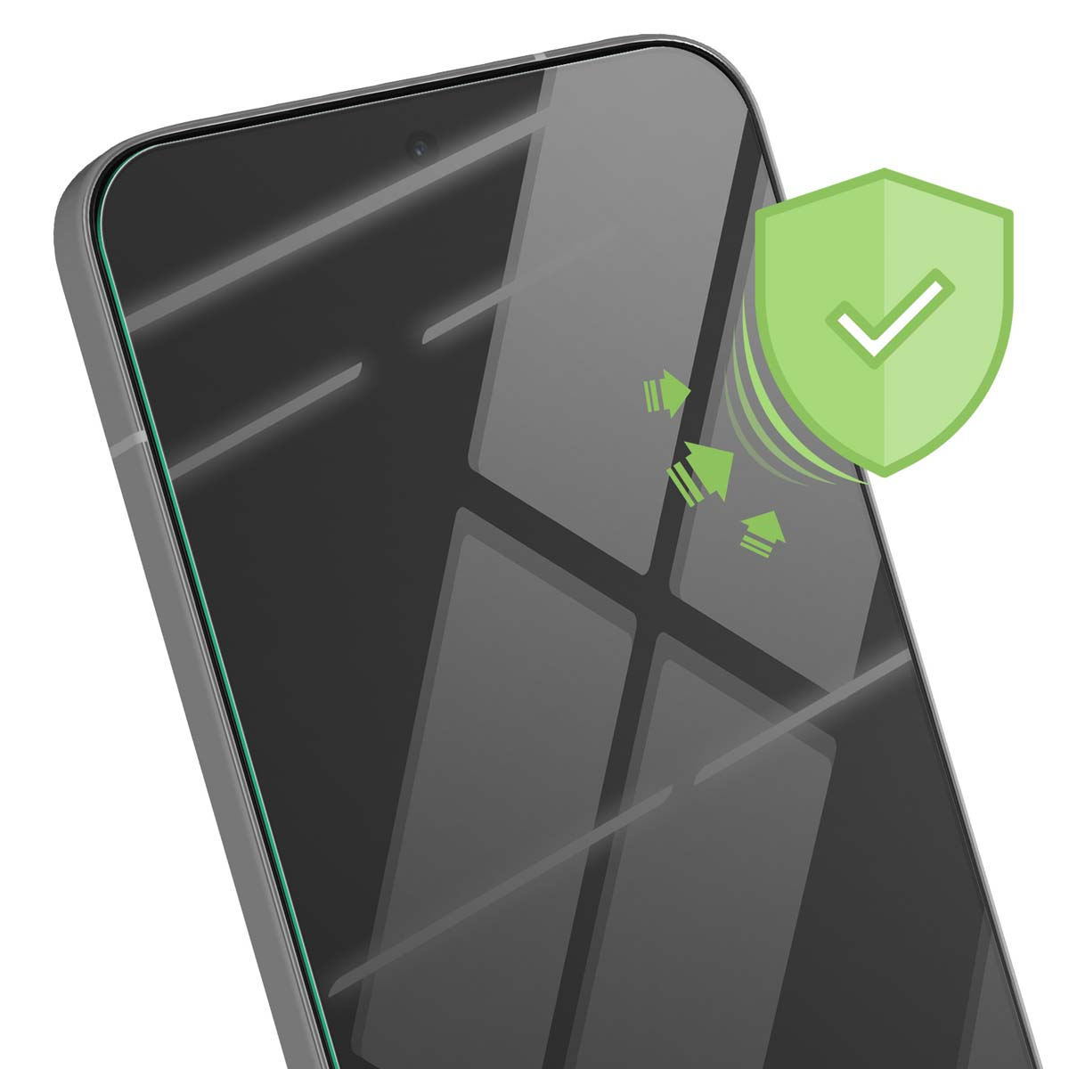 Viene mostrato uno smartphone con una protezione per lo schermo. Uno scudo verde con un segno di spunta indica protezione, con frecce che puntano verso di esso.
