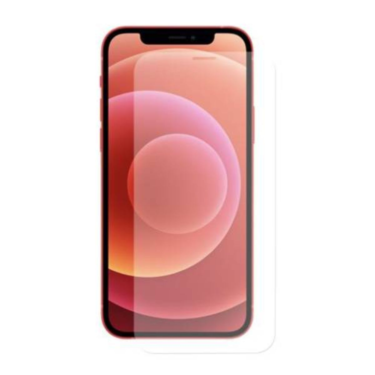Un iPhone rosso con protezione schermo. Lo schermo mostra un design astratto rosa e arancione. Il telefono è su sfondo bianco.